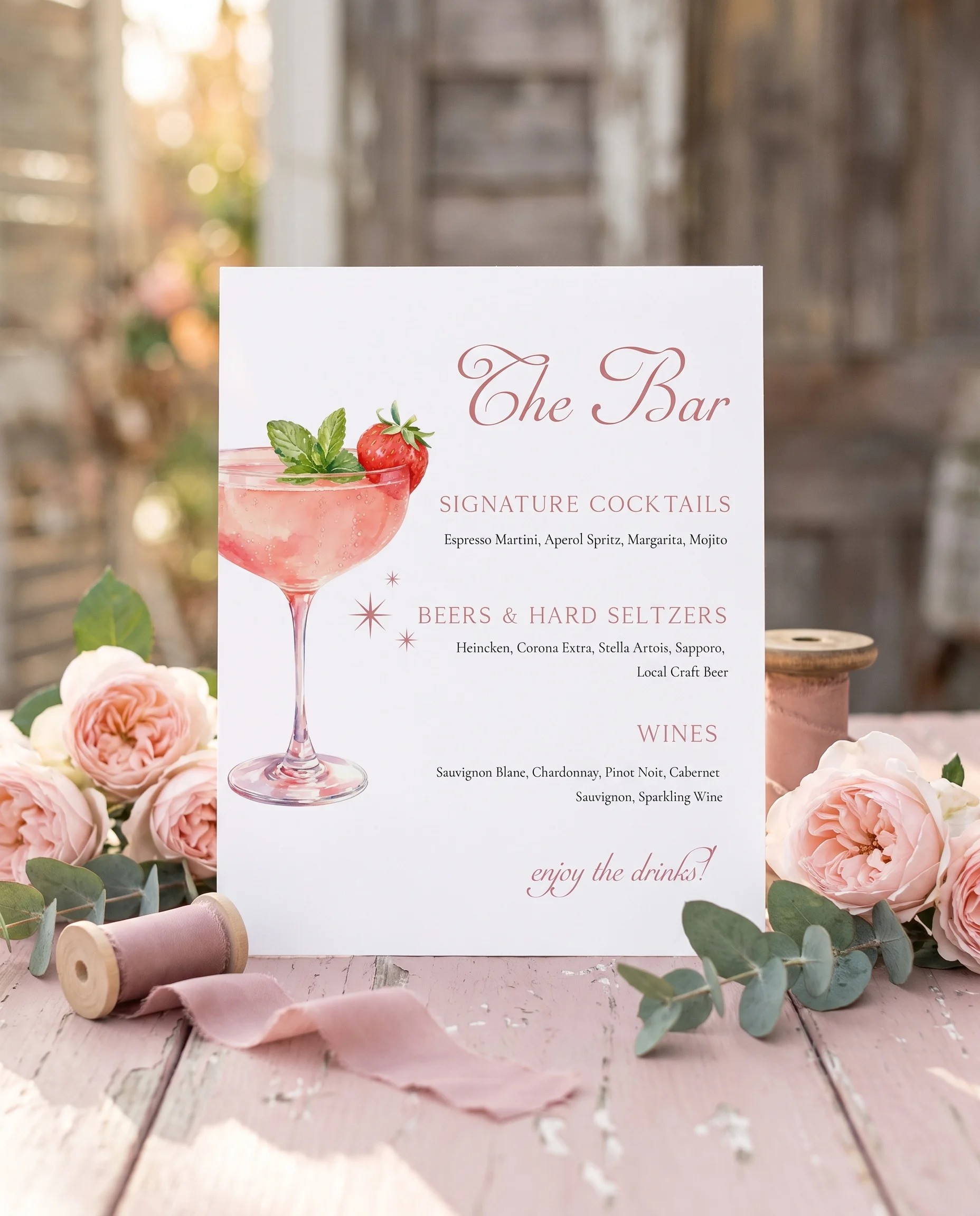 Rosewood Trellis — bar menu displayed upright in a styled setting under soft natural light, slight overhead angle, wedding bar sign.