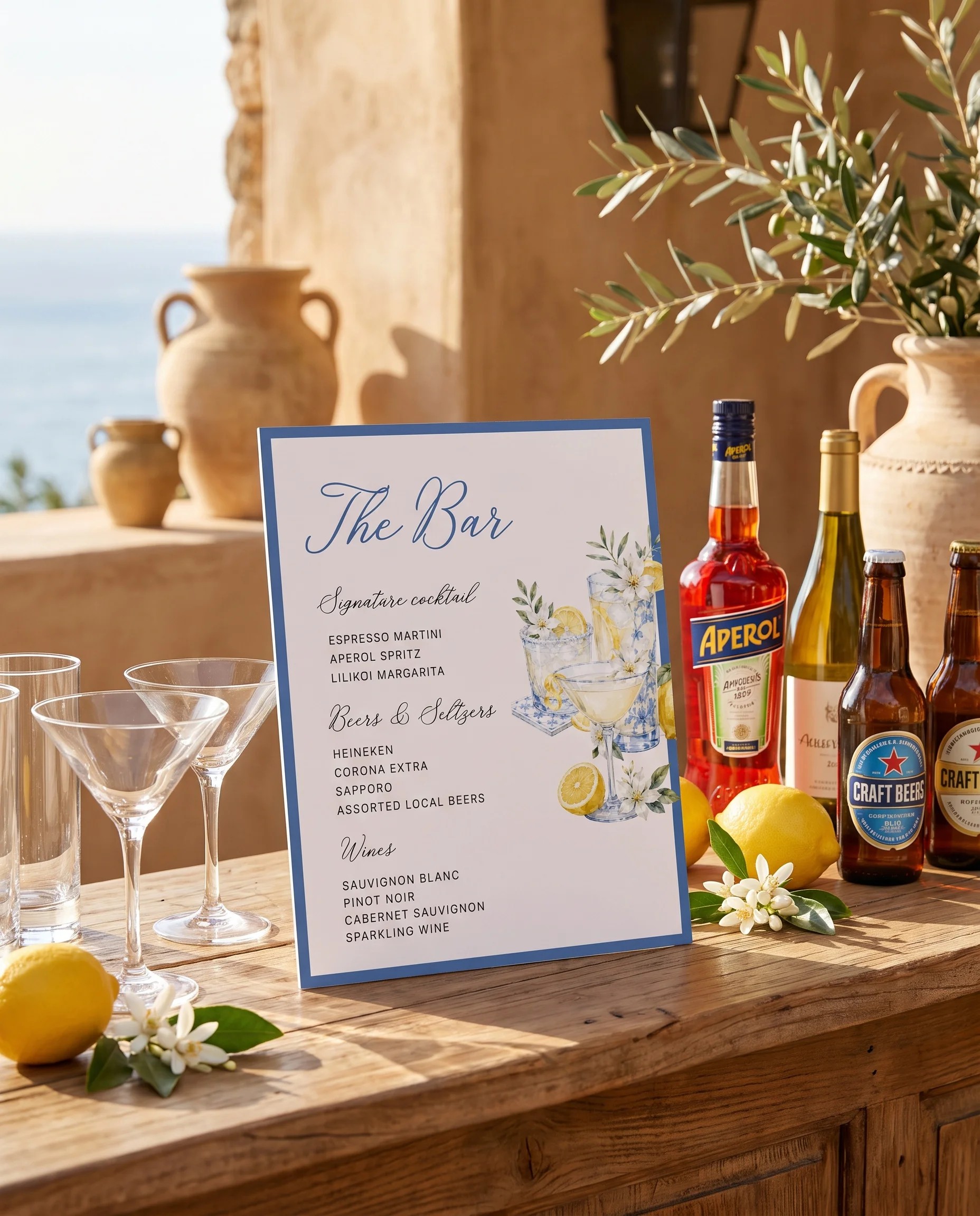 Amalfi Grove — bar menu page displayed on a drinks station under soft natural light, slight overhead angle, bar menu template.