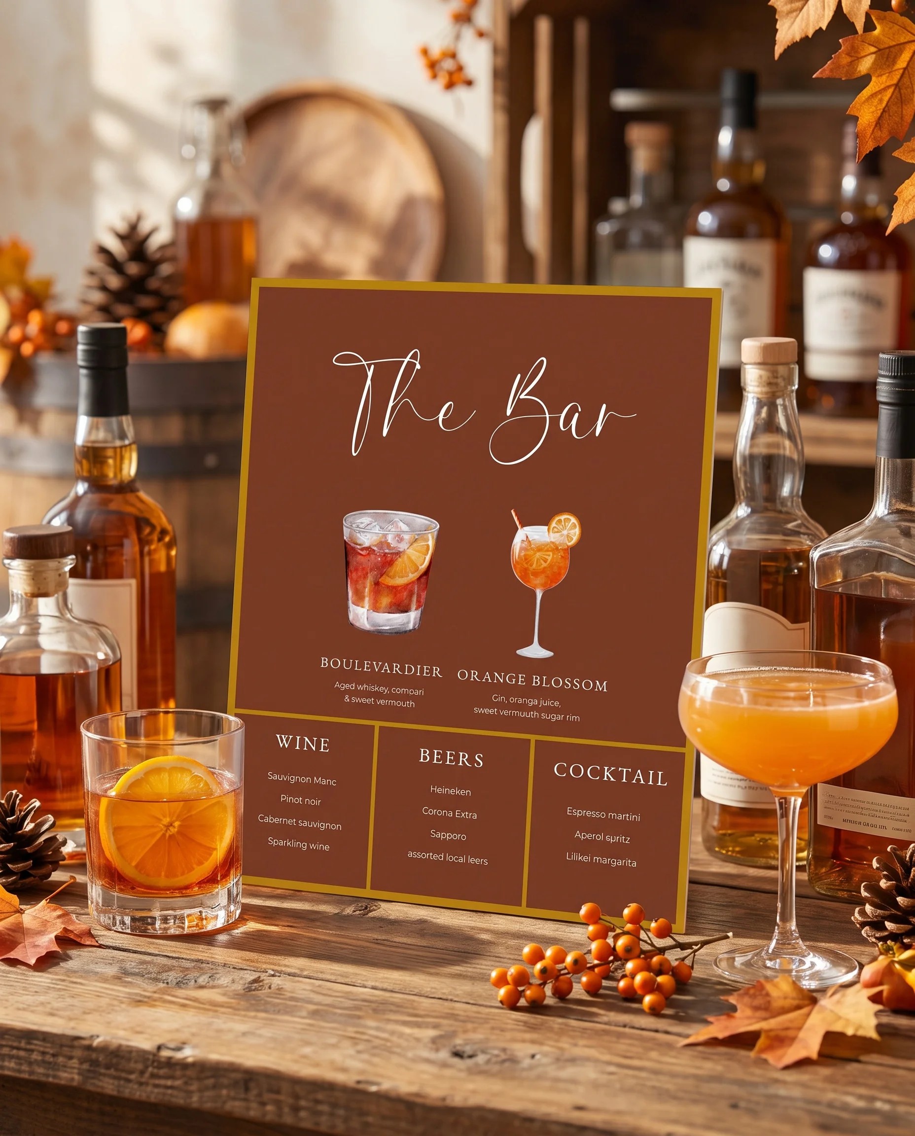 Timberline Reverie — bar menu placed on a drinks station under soft natural light, bar menu template