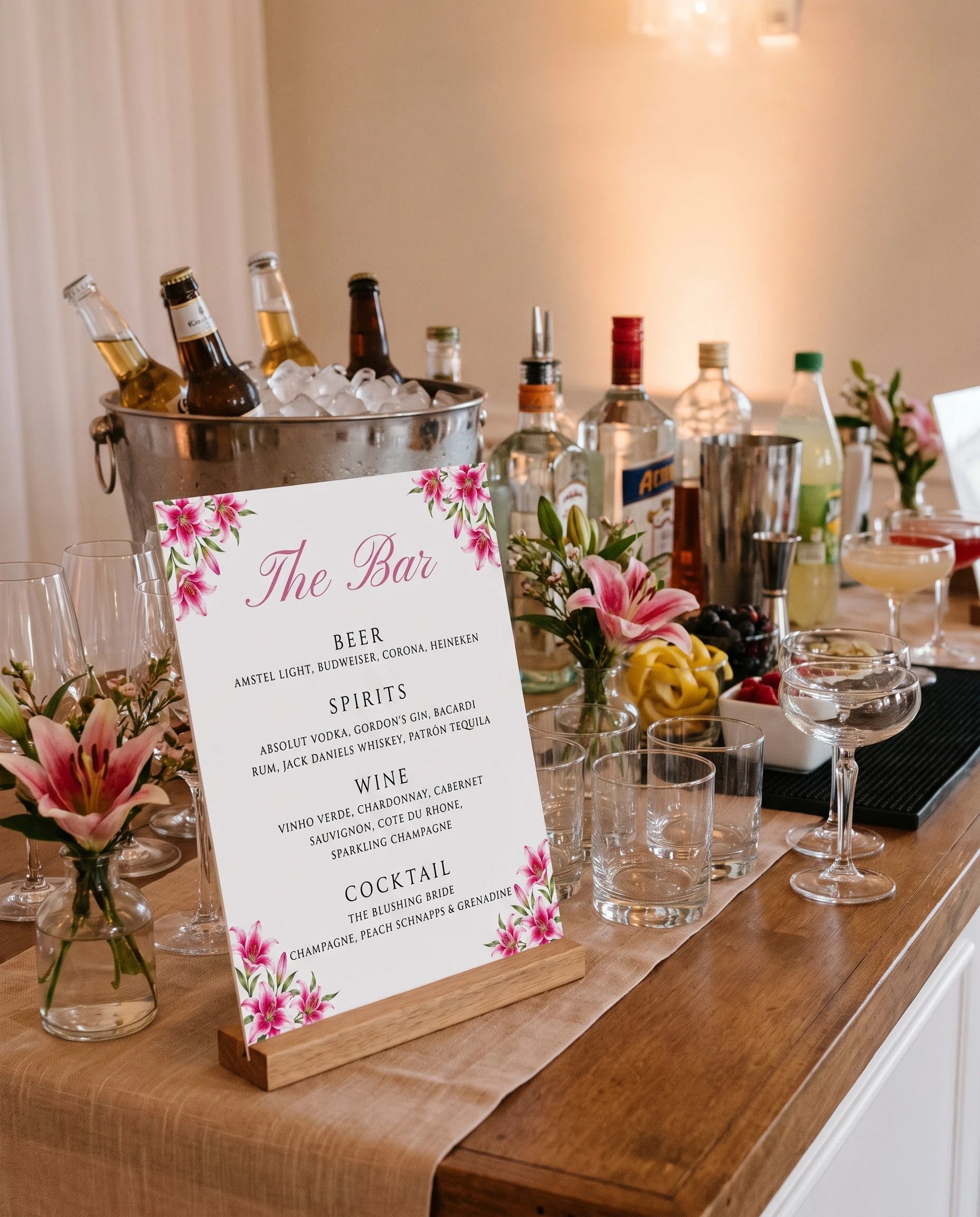 Lily Bloom — bar menu page displayed on a drinks station under soft natural light with a slight overhead angle, bar menu template.