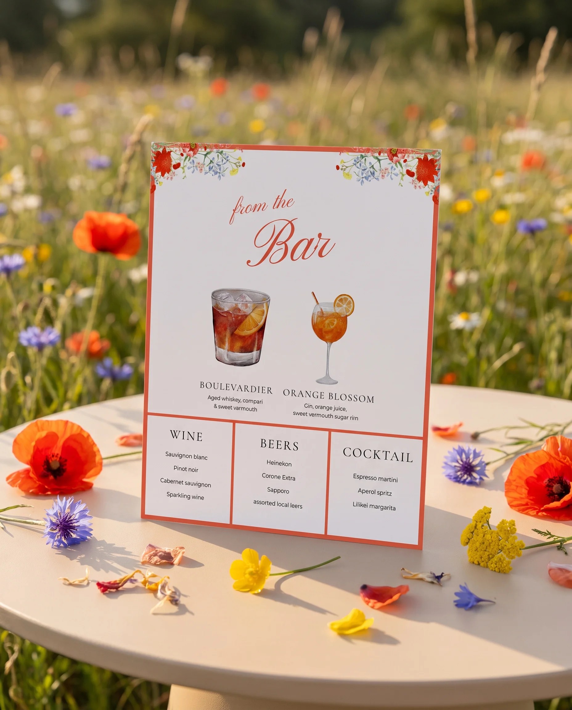Poppy Meridian — bar menu page displayed upright on premium editorial paper under soft natural light, wedding bar sign.