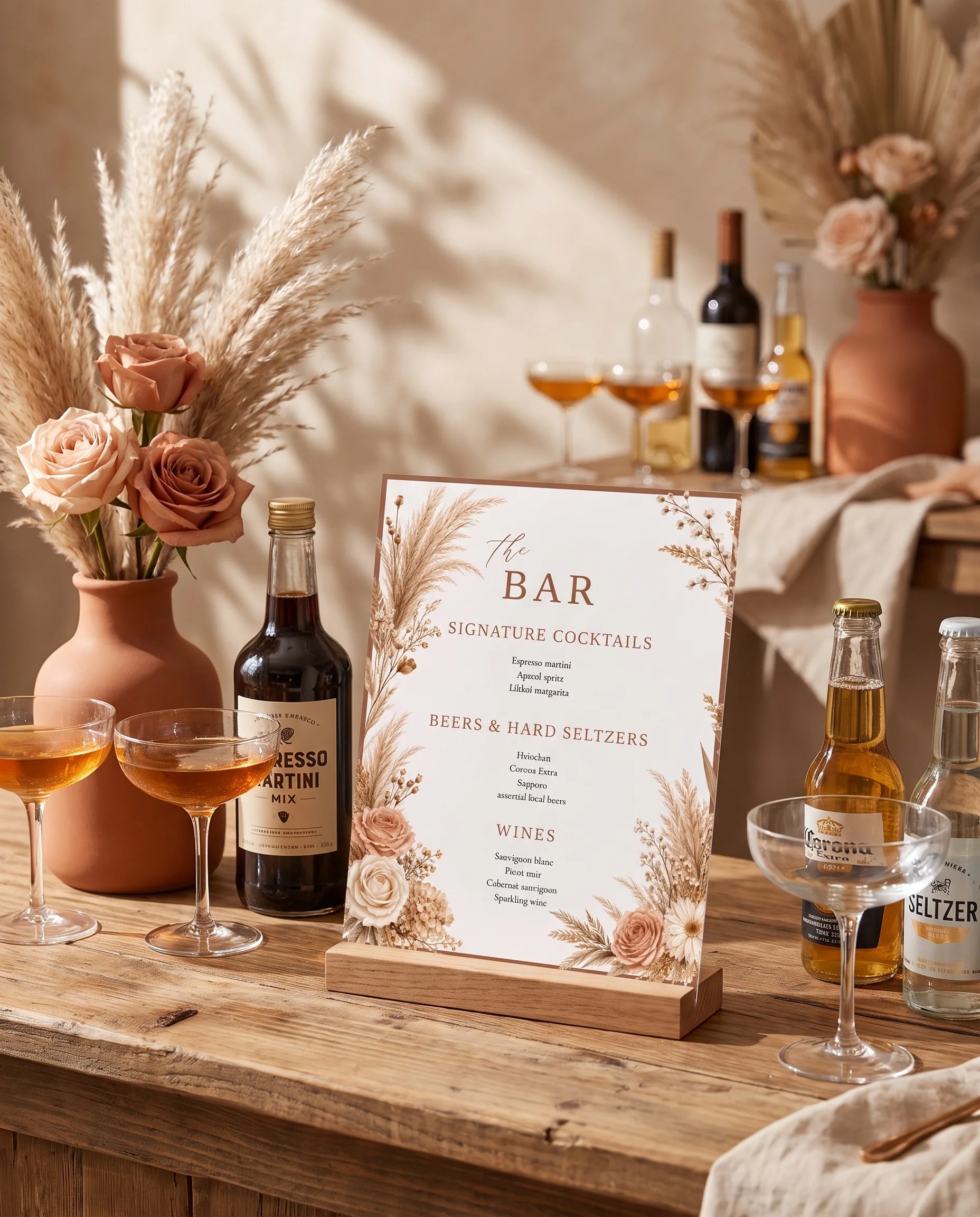 Pampas Hush — bar menu page displayed on a drinks station under soft natural light, bar menu template