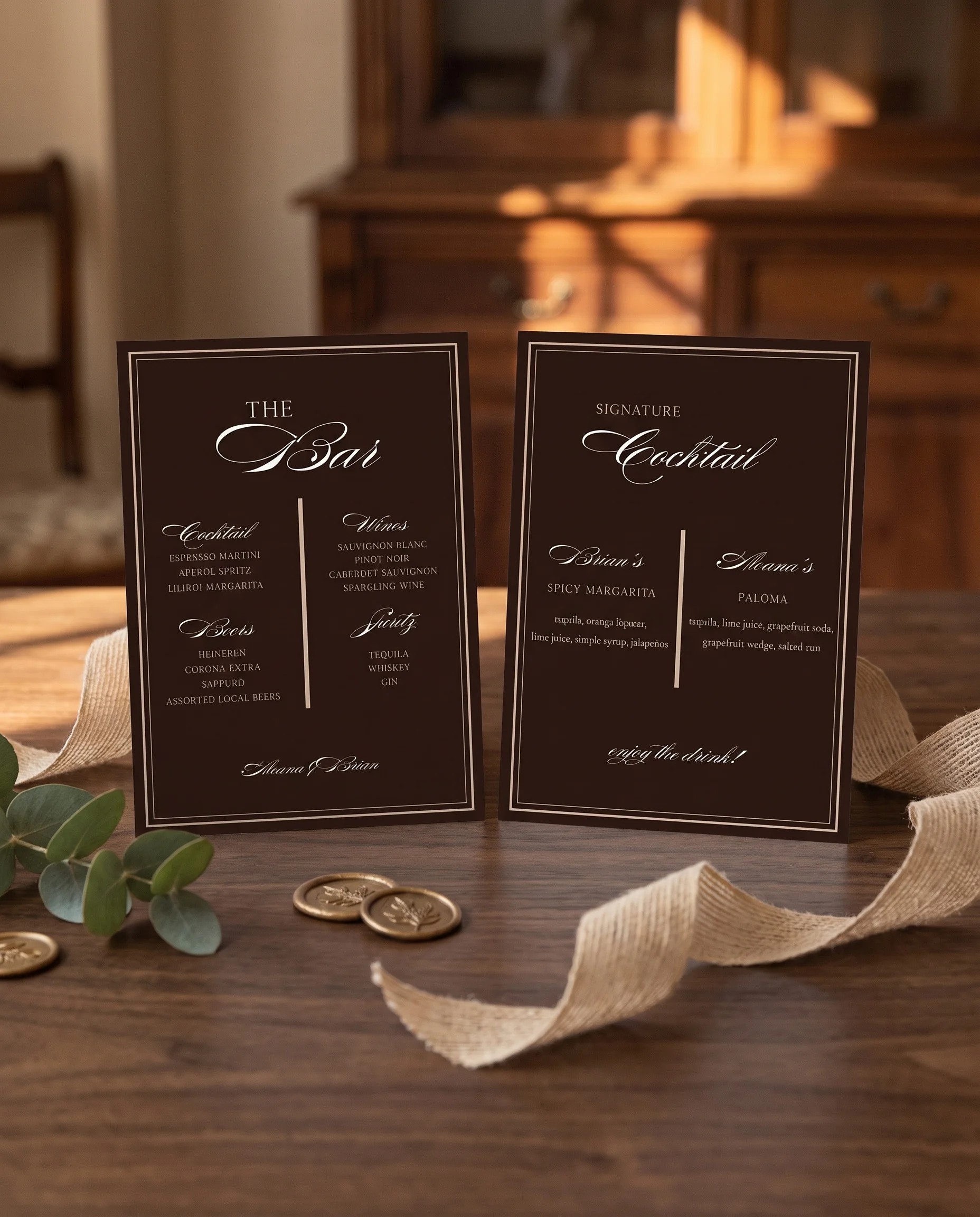 Velour — bar menu shown flat with both pages visible under soft natural overhead light, wedding bar menu.