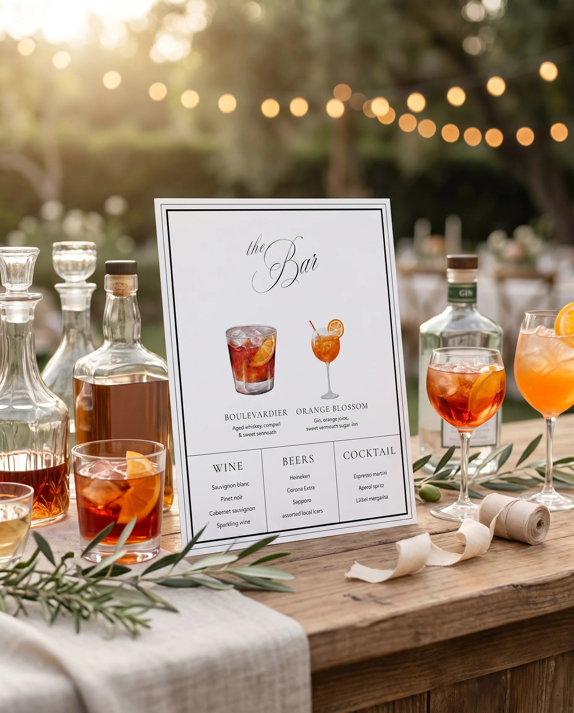 Heirloom — bar menu page resting on a drinks station under soft natural light, shown at a slight overhead angle, bar menu template.