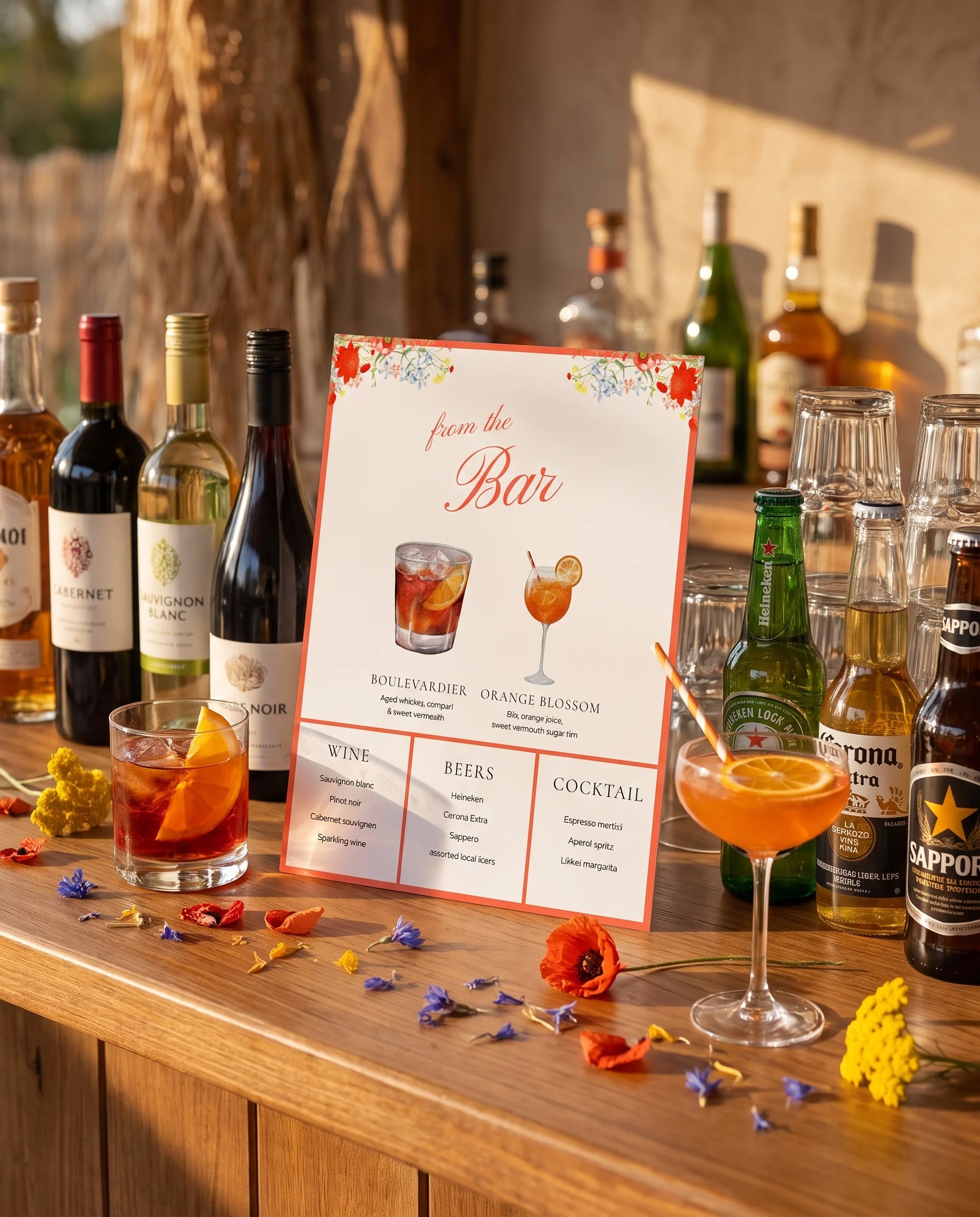 Poppy Meridian — bar menu page displayed on a drinks station under soft natural light, bar menu template.