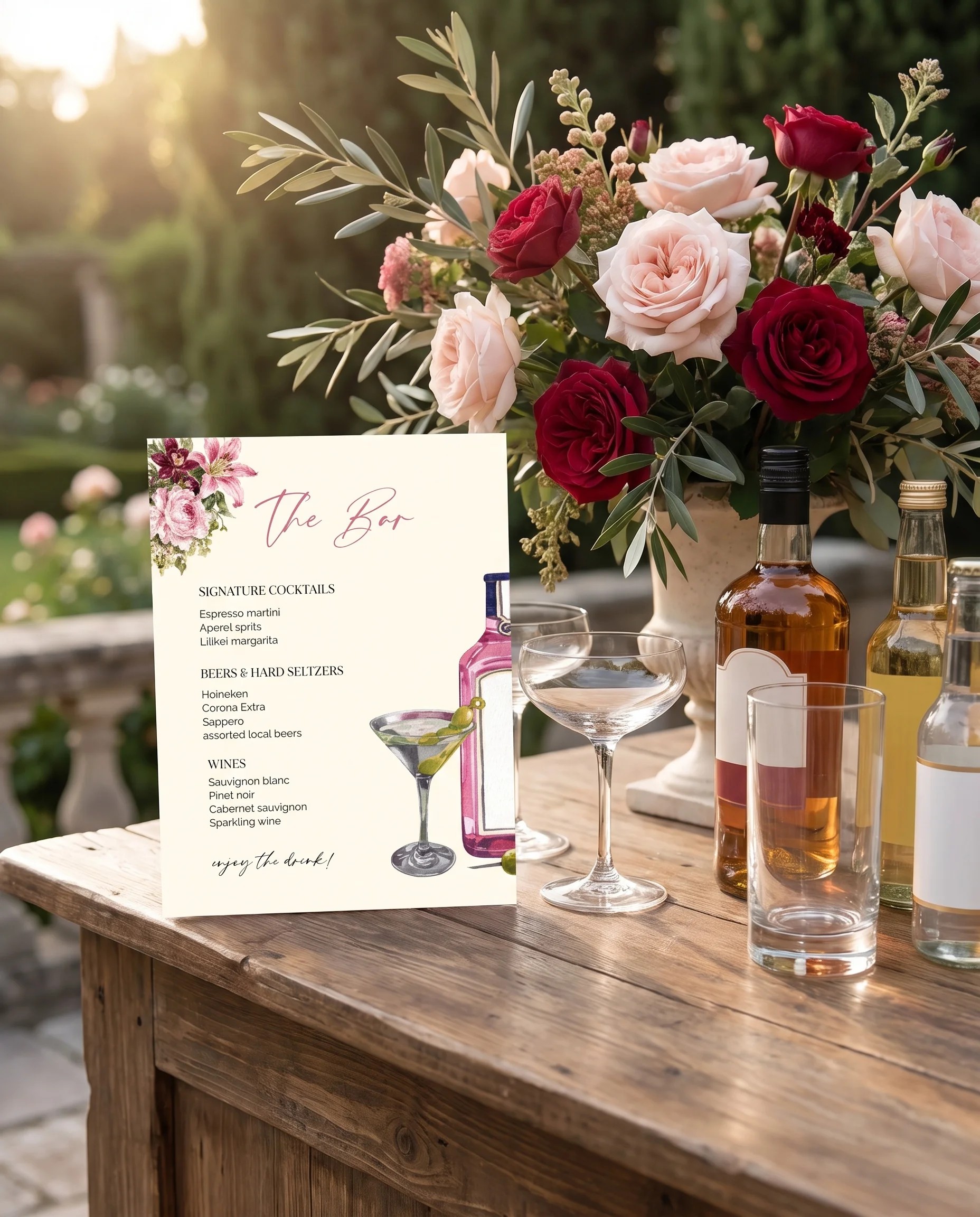 Rosevale — bar menu page displayed on a drinks station under soft natural light with a slight overhead angle, bar menu template.