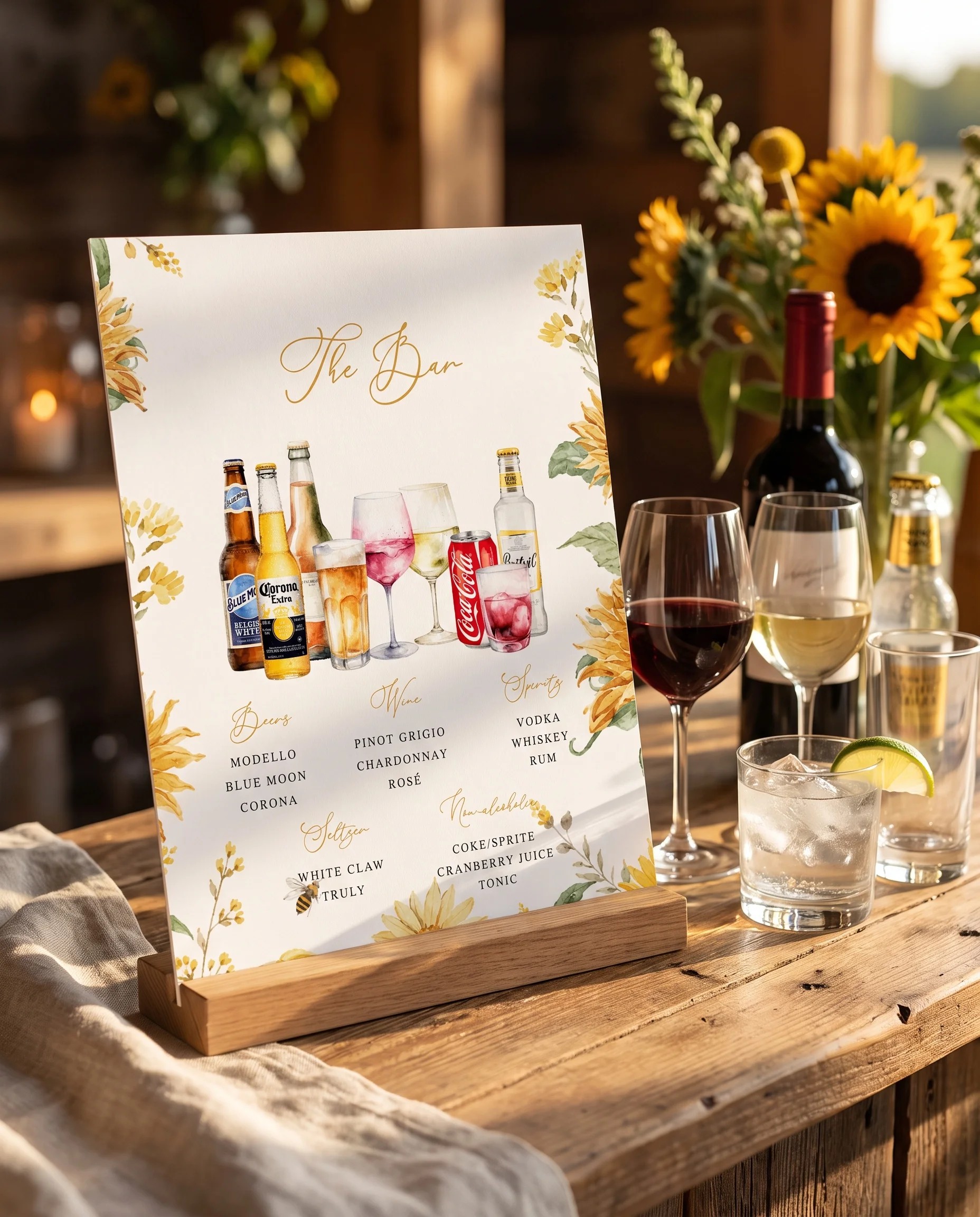 Honeyfield — bar menu displayed on a drinks station under soft natural light, slight overhead angle, bar menu template.