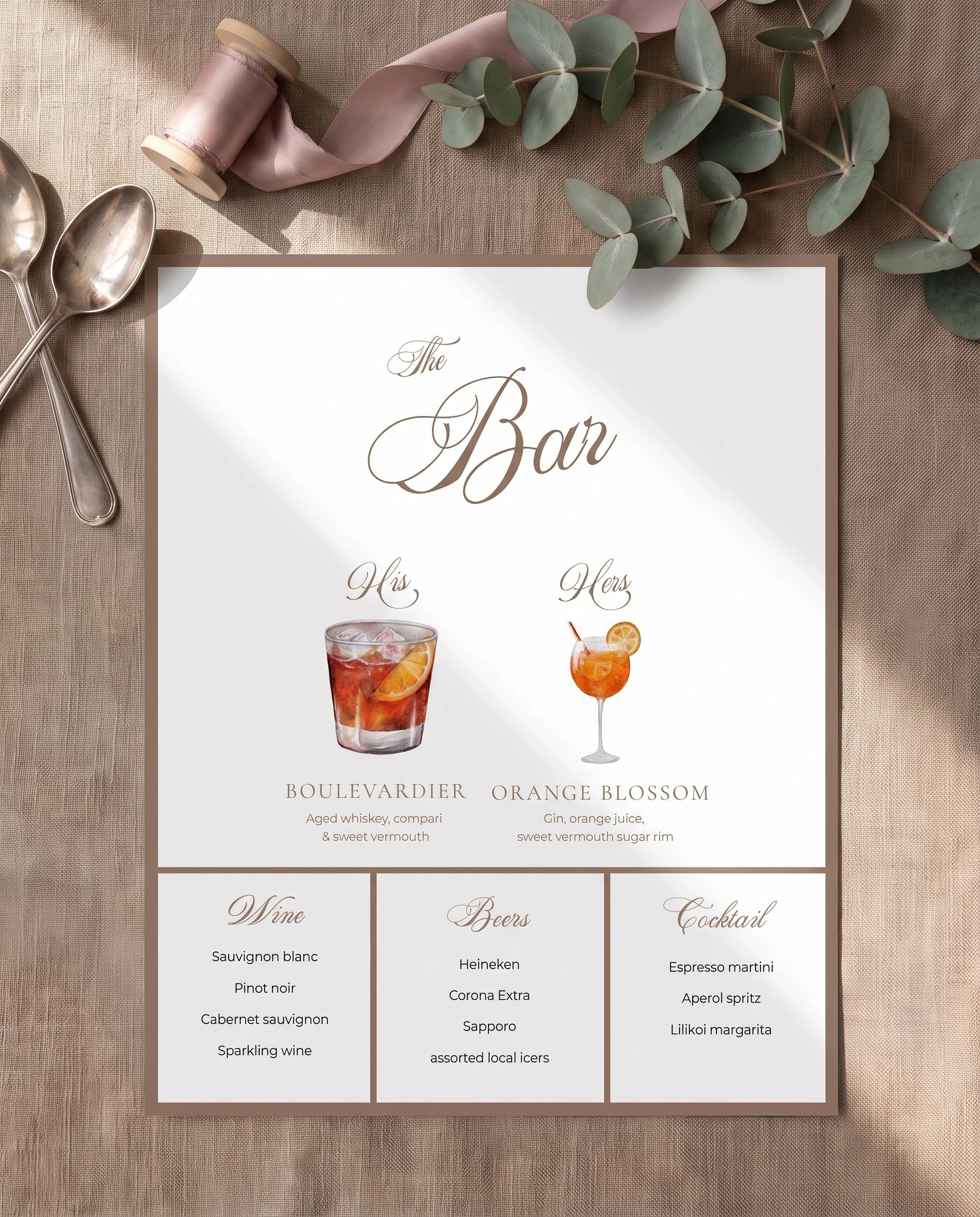 Hinge Script — bar menu shown flat under soft natural light with a slight overhead angle, wedding bar menu.