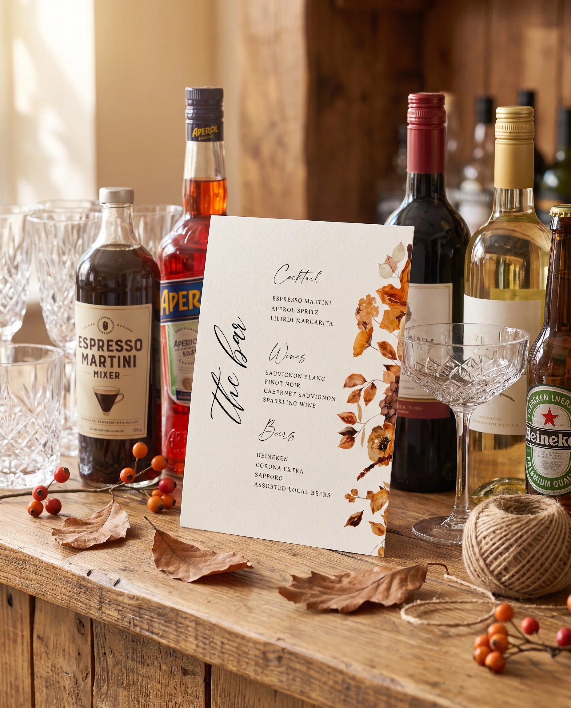Autumn Bramble — bar menu page displayed on a drinks station under soft natural light, bar menu template.