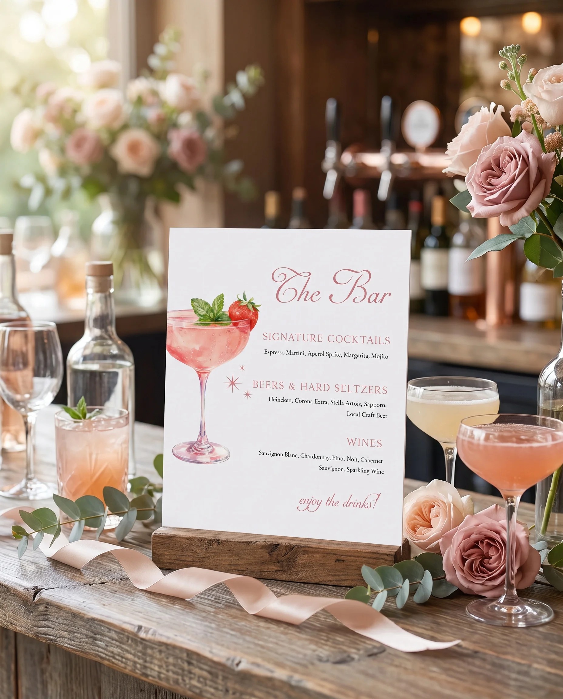 Rosewood Trellis — bar menu displayed on a drinks station under soft natural light, bar menu template.