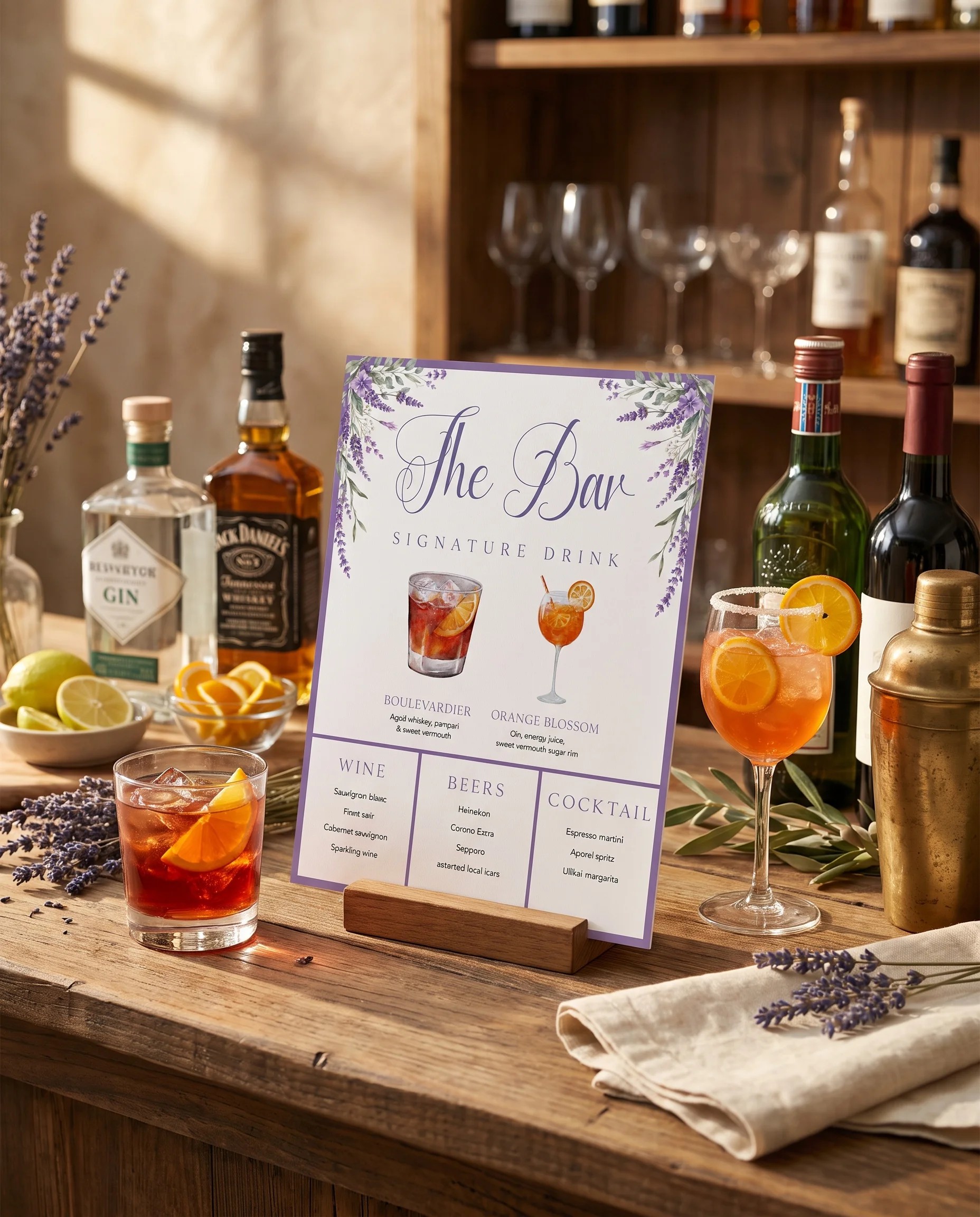 Provence Fields — bar menu page displayed on a drinks station under soft natural light, slight overhead angle, bar menu template.