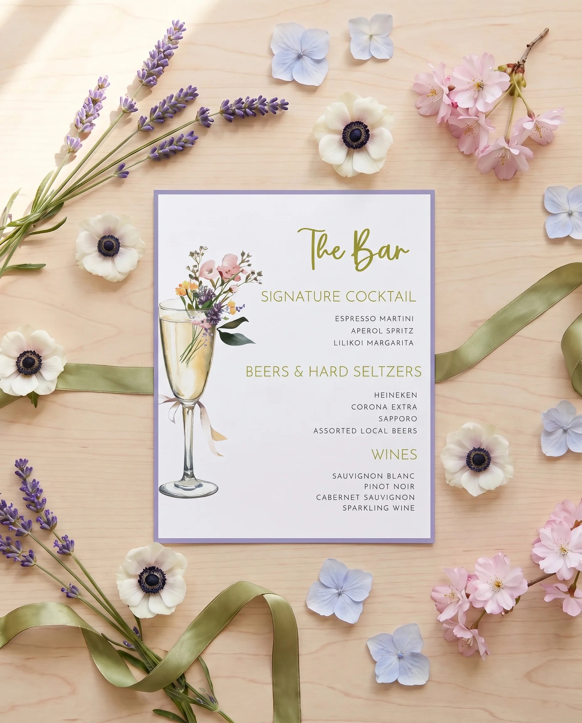 Anemone Toast — bar menu shown flat on premium editorial paper under soft natural light, slight overhead angle, wedding bar menu.