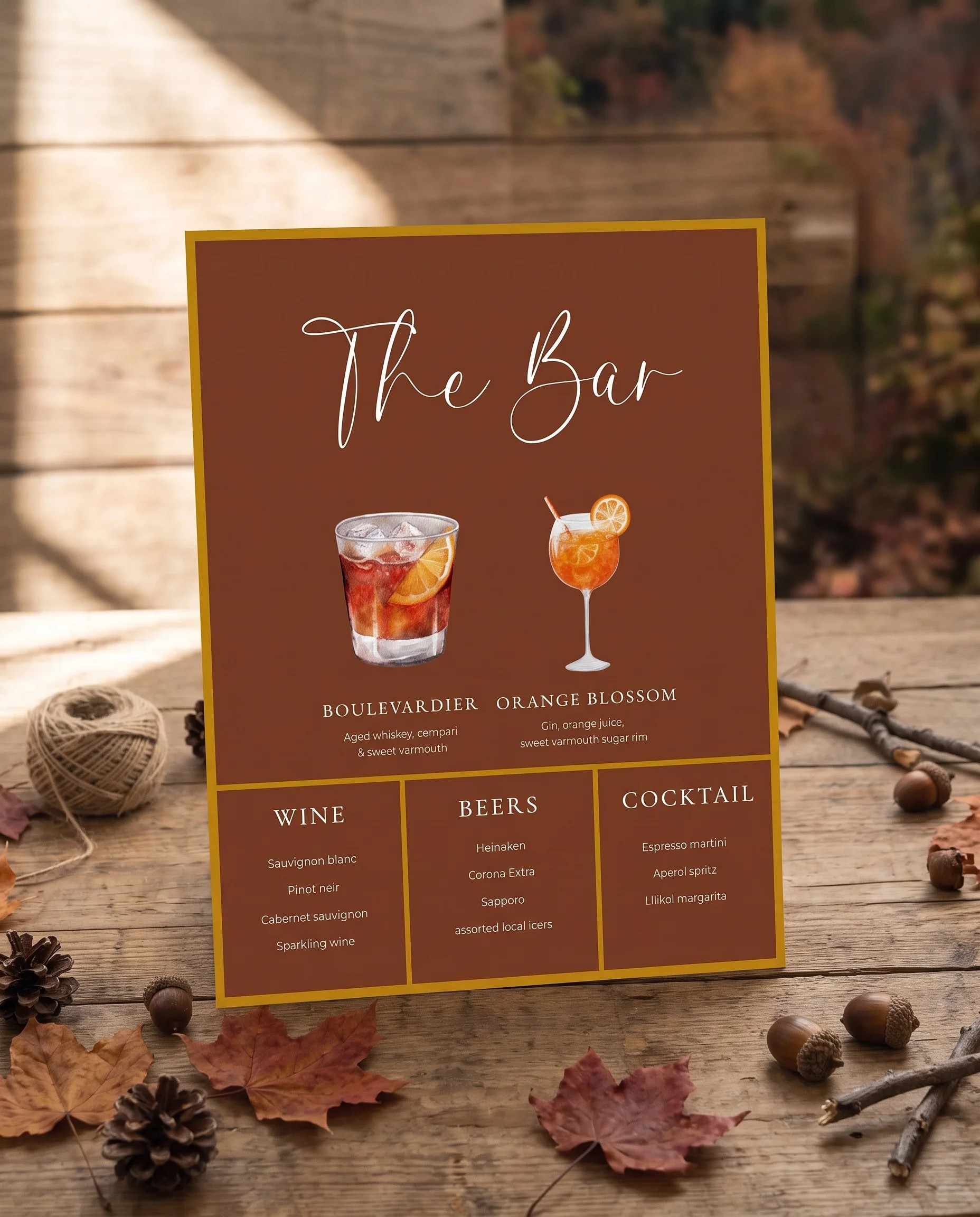Timberline Reverie — bar menu displayed upright in a styled setting under soft natural light, wedding bar sign.