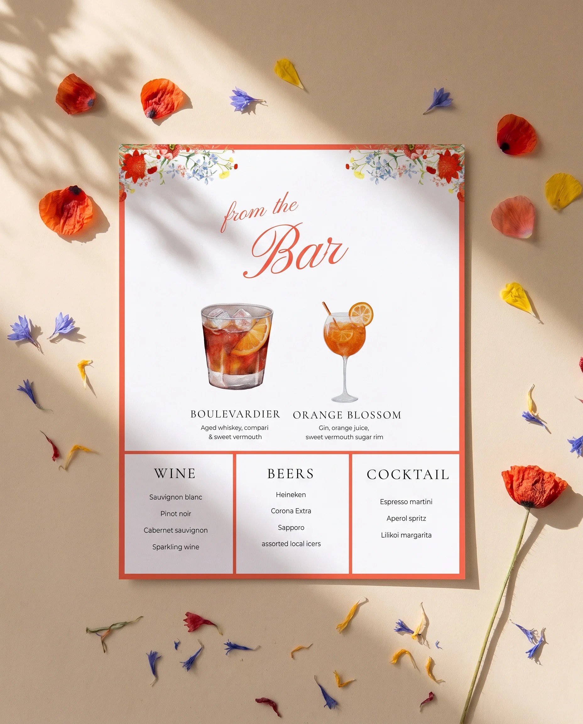 Poppy Meridian — flat lay of the bar menu page on premium editorial paper under soft natural light, wedding bar menu.