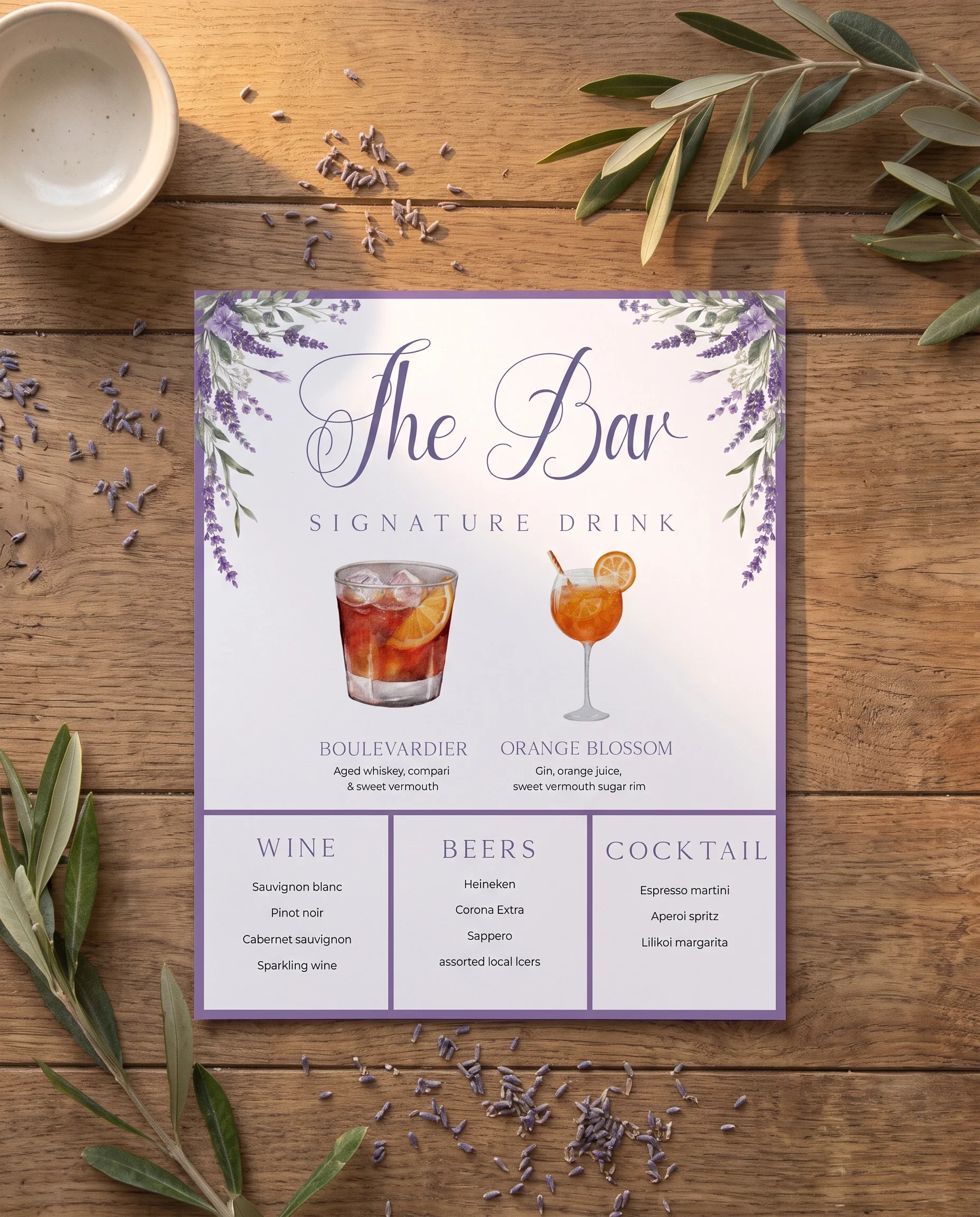 Provence Fields — bar menu page lying flat on premium editorial paper under soft natural light, shot at a slight overhead angle, wedding bar menu.