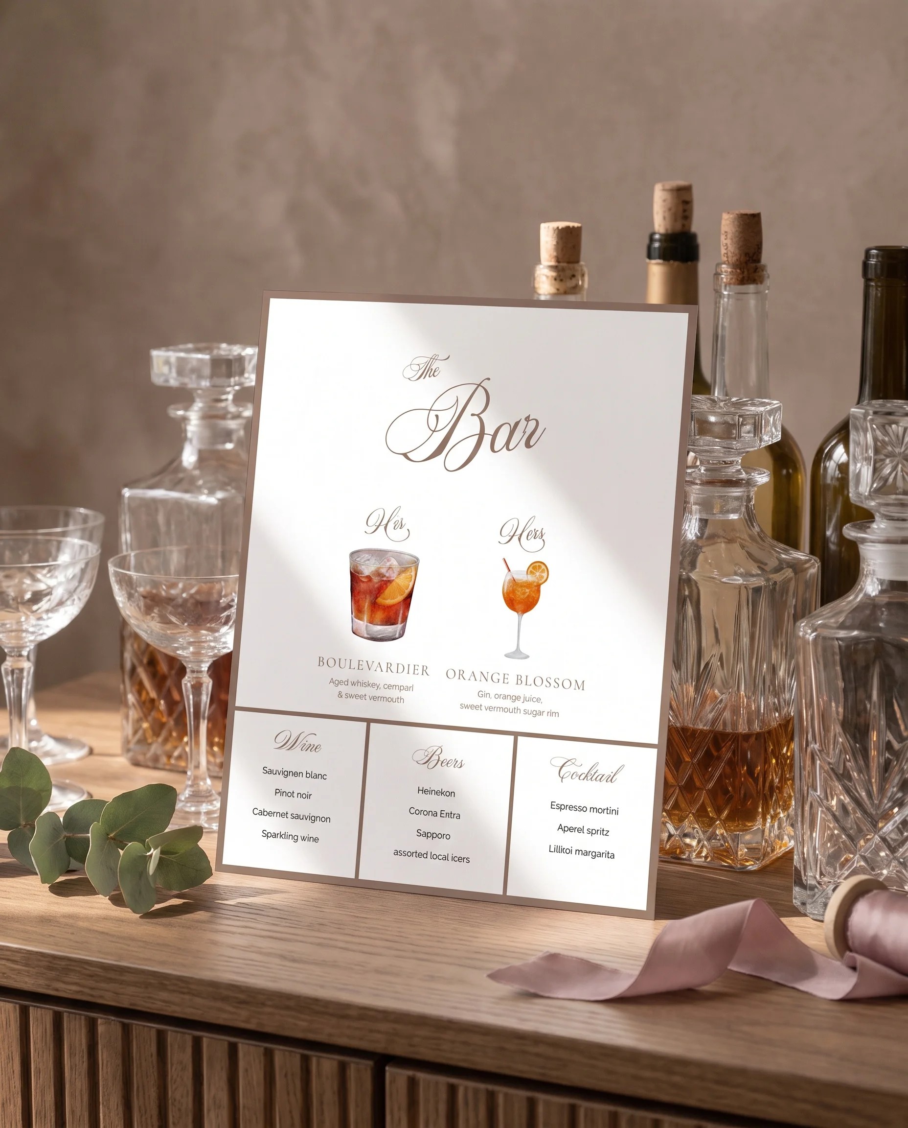 Hinge Script — bar menu page displayed at a drinks station under soft natural light, slight overhead angle, bar menu template