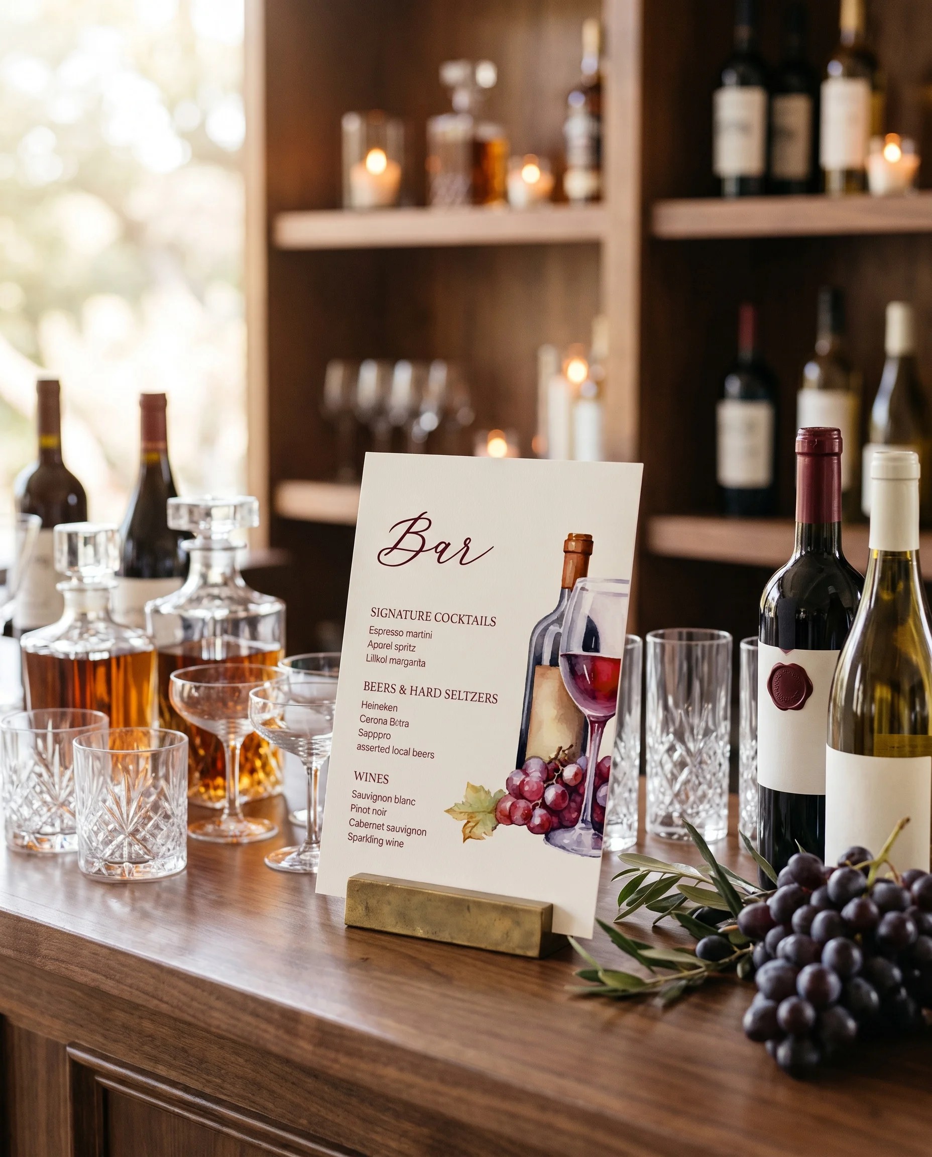 Claret Vine — bar menu page displayed on a bar station under soft natural light, slight overhead angle, bar menu template.