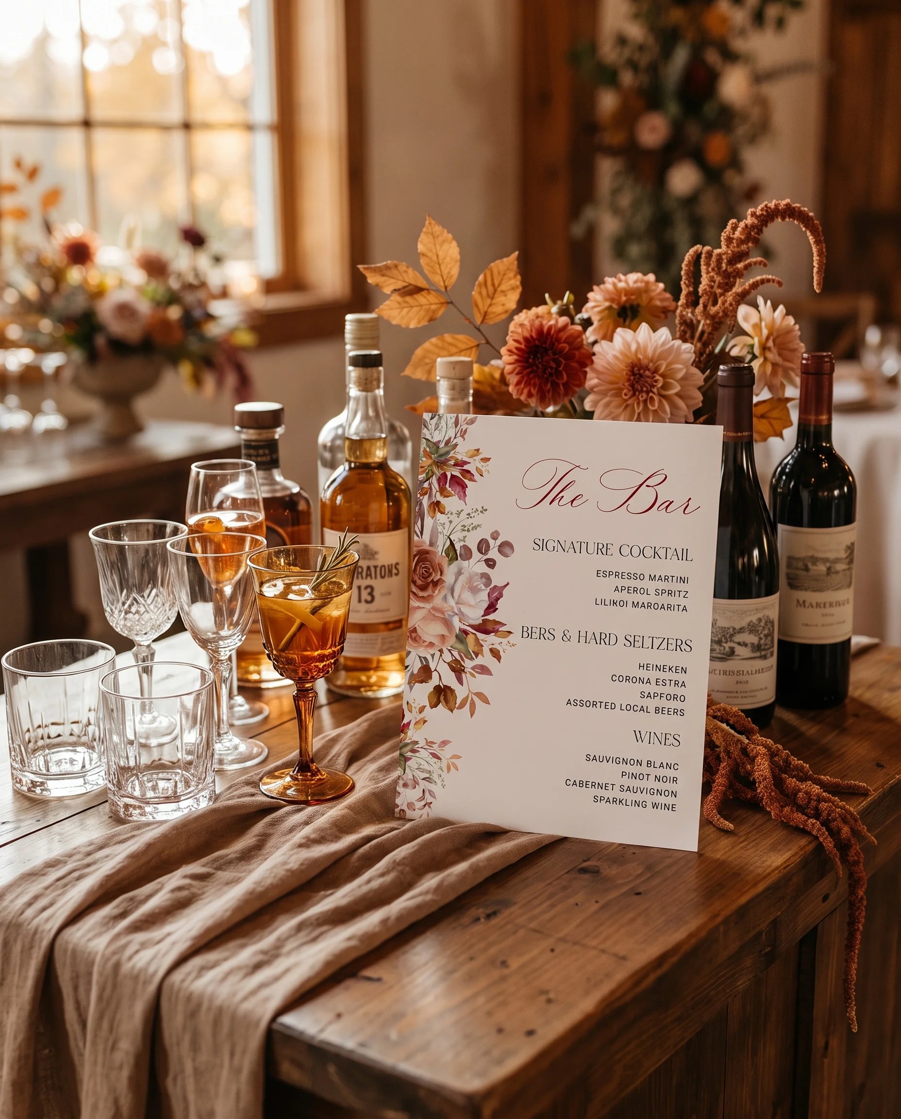 Autumn Blush — bar menu page displayed on a drinks station under soft natural light, premium editorial bar menu template.