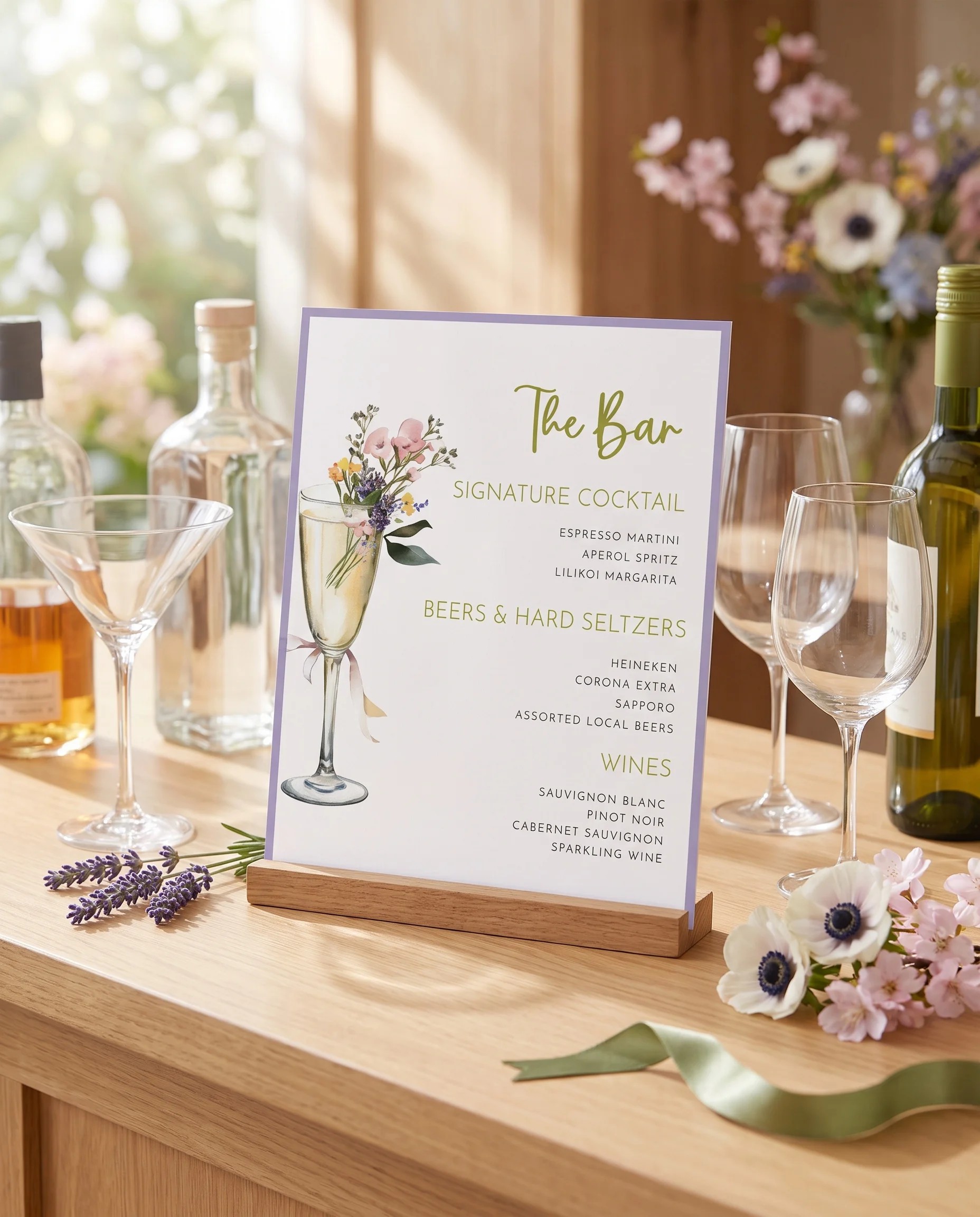 Anemone Toast — bar menu displayed on a drinks station, softly lit with a slight overhead angle, bar menu template.