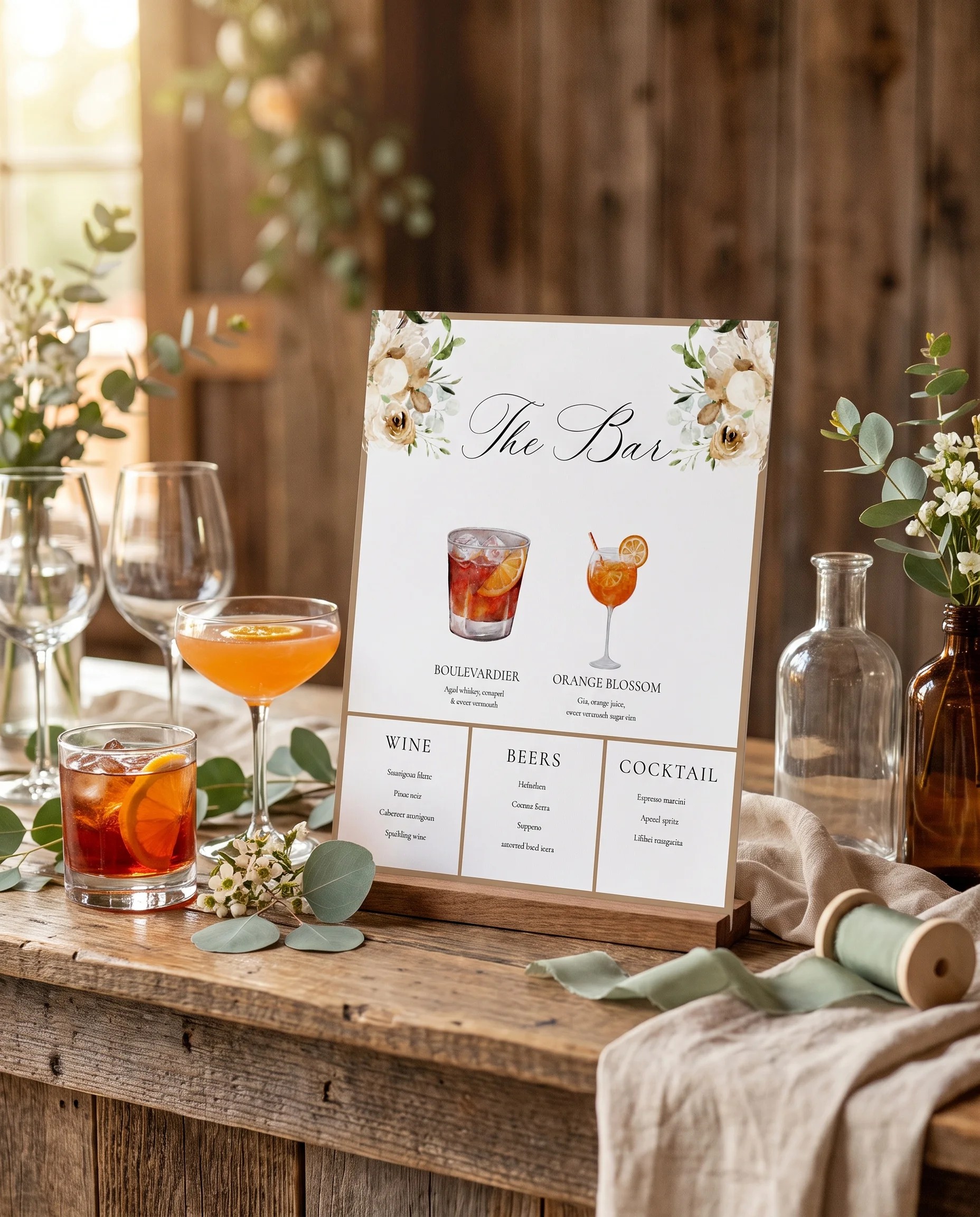 Meadow Veil — single page bar menu resting on a drinks station under soft natural light, bar menu template.