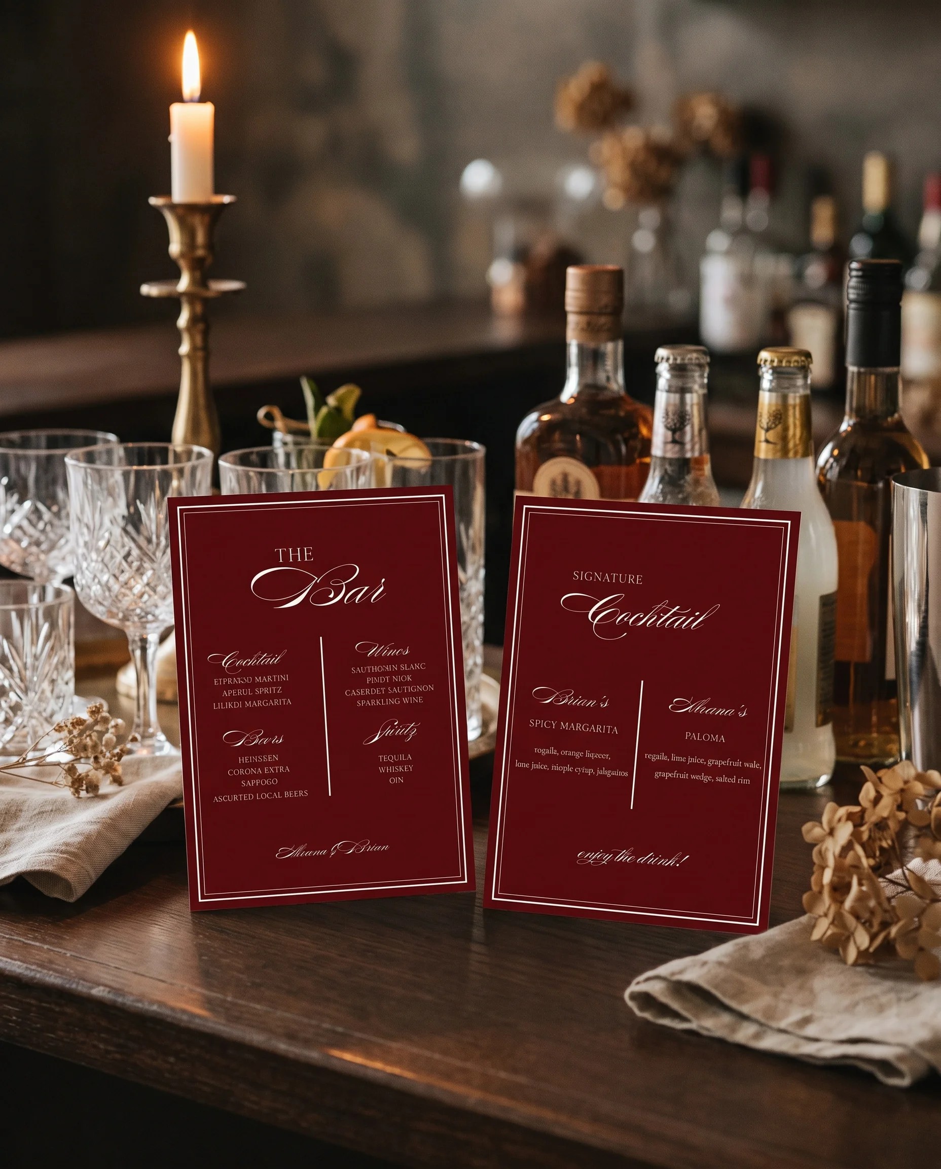 Claret Filigree — two-page bar menu displayed at a drinks station under soft natural light, bar menu template.