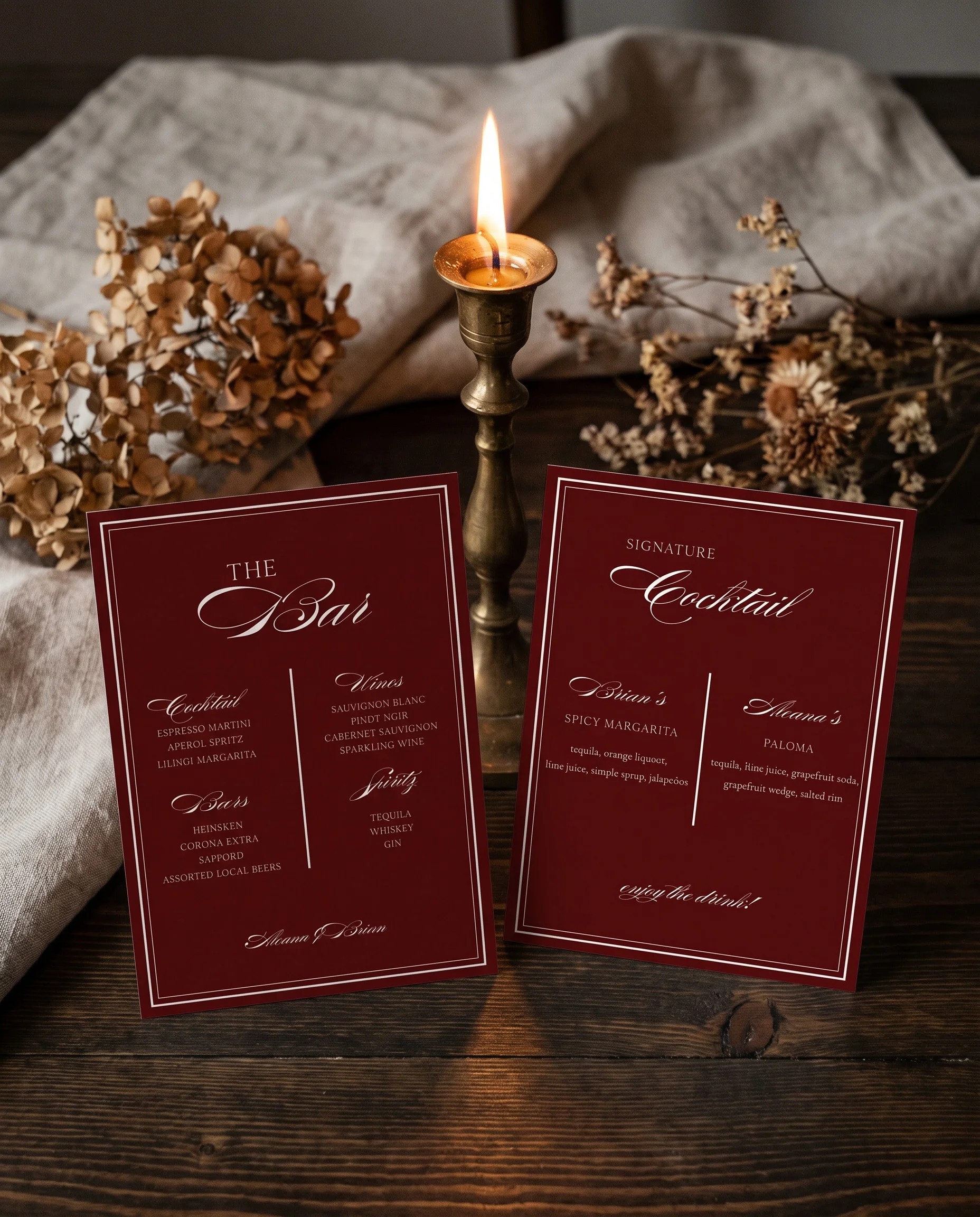 Claret Filigree — bar menu displayed upright in a styled setting under soft natural light with filigree detailing, wedding bar sign.