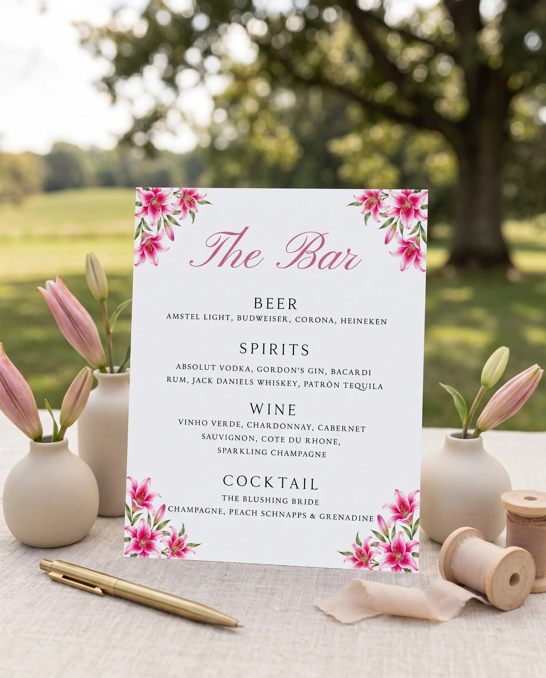 Lily Bloom — bar menu displayed upright in a styled setting under soft natural light with a slight overhead angle, wedding bar sign.