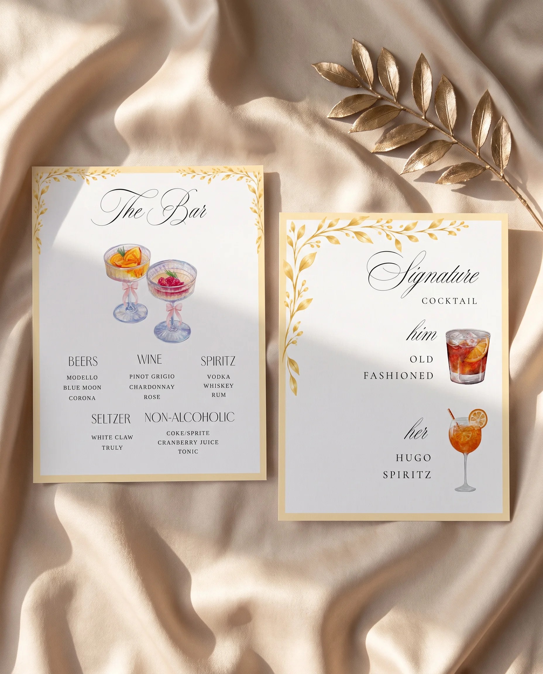 Gilded Bough — flat lay of both bar menu pages under soft natural light at a slight overhead angle, wedding bar menu.
