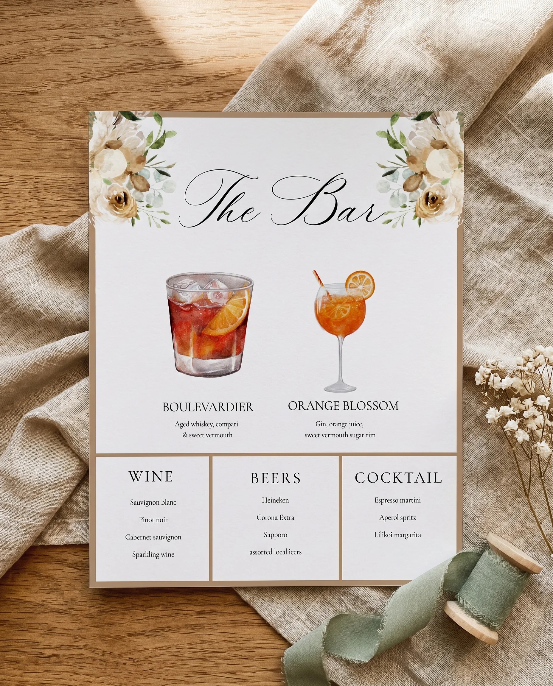 Meadow Veil — single page bar menu shown flat under soft natural light from a slight overhead angle, wedding bar menu.