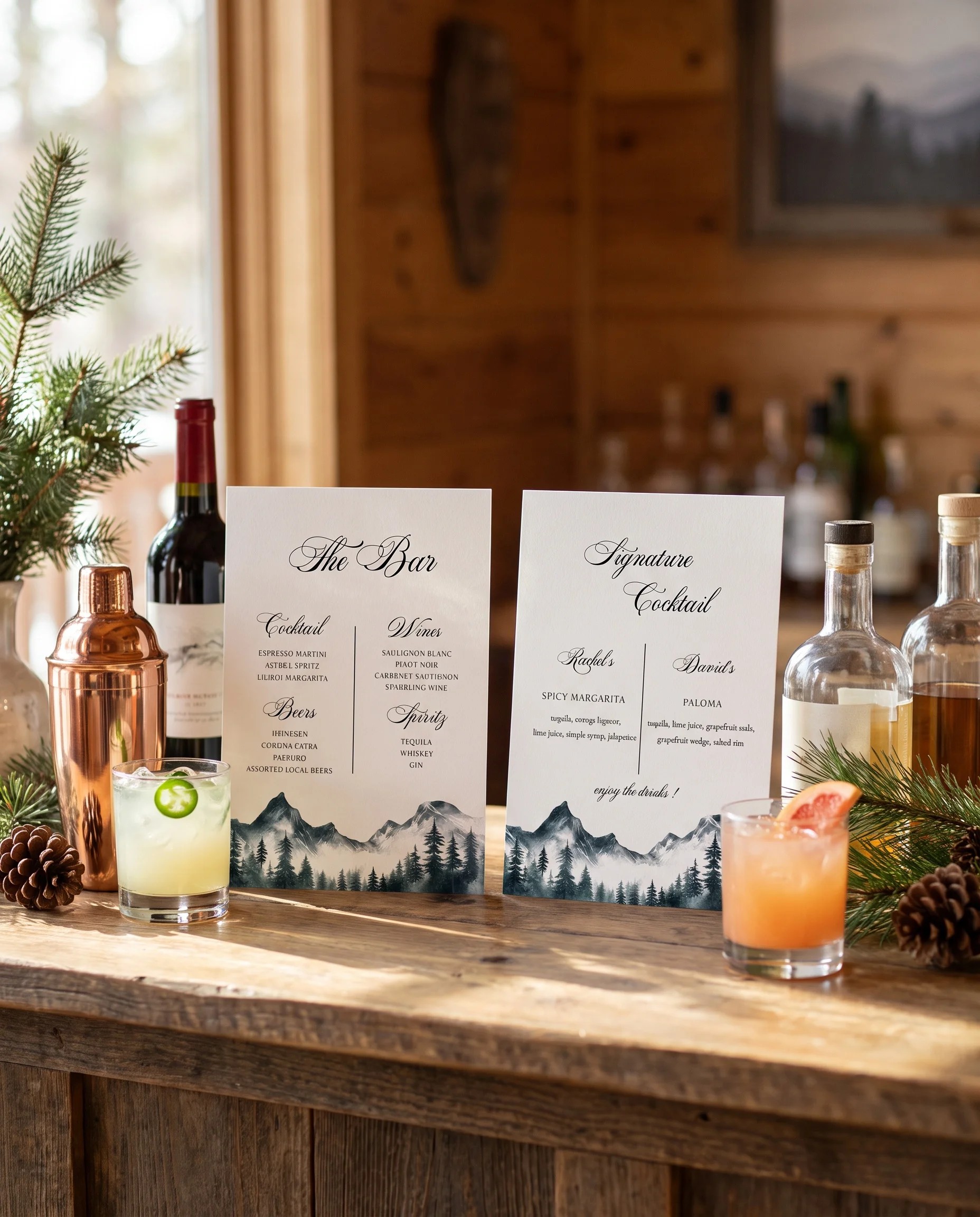 Pinecrest — two-page bar menu displayed on a bar station under soft natural light with a slight overhead angle, bar menu template.
