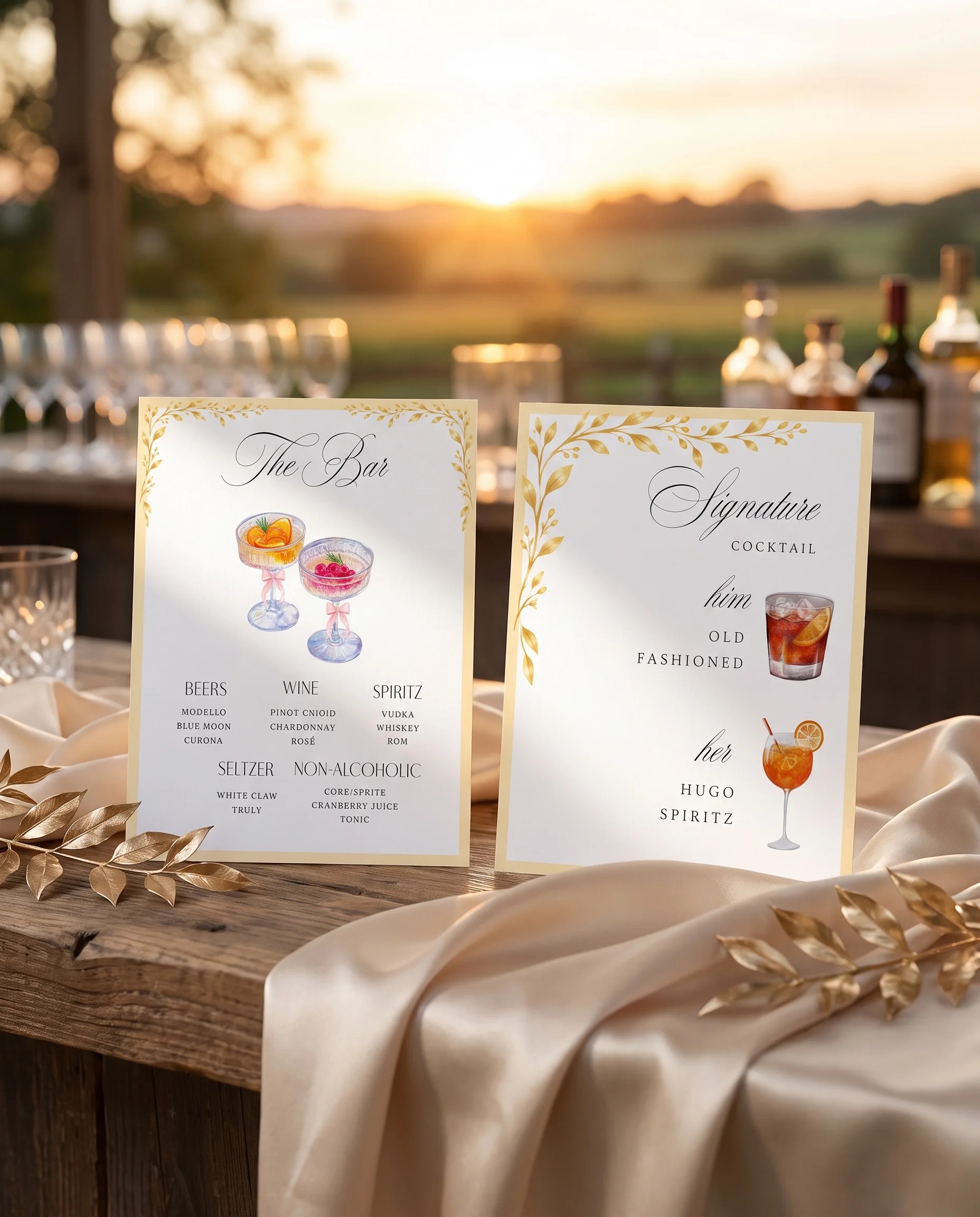 Gilded Bough — bar menu displayed upright showing two pages under soft natural light at a slight overhead angle, wedding bar sign.