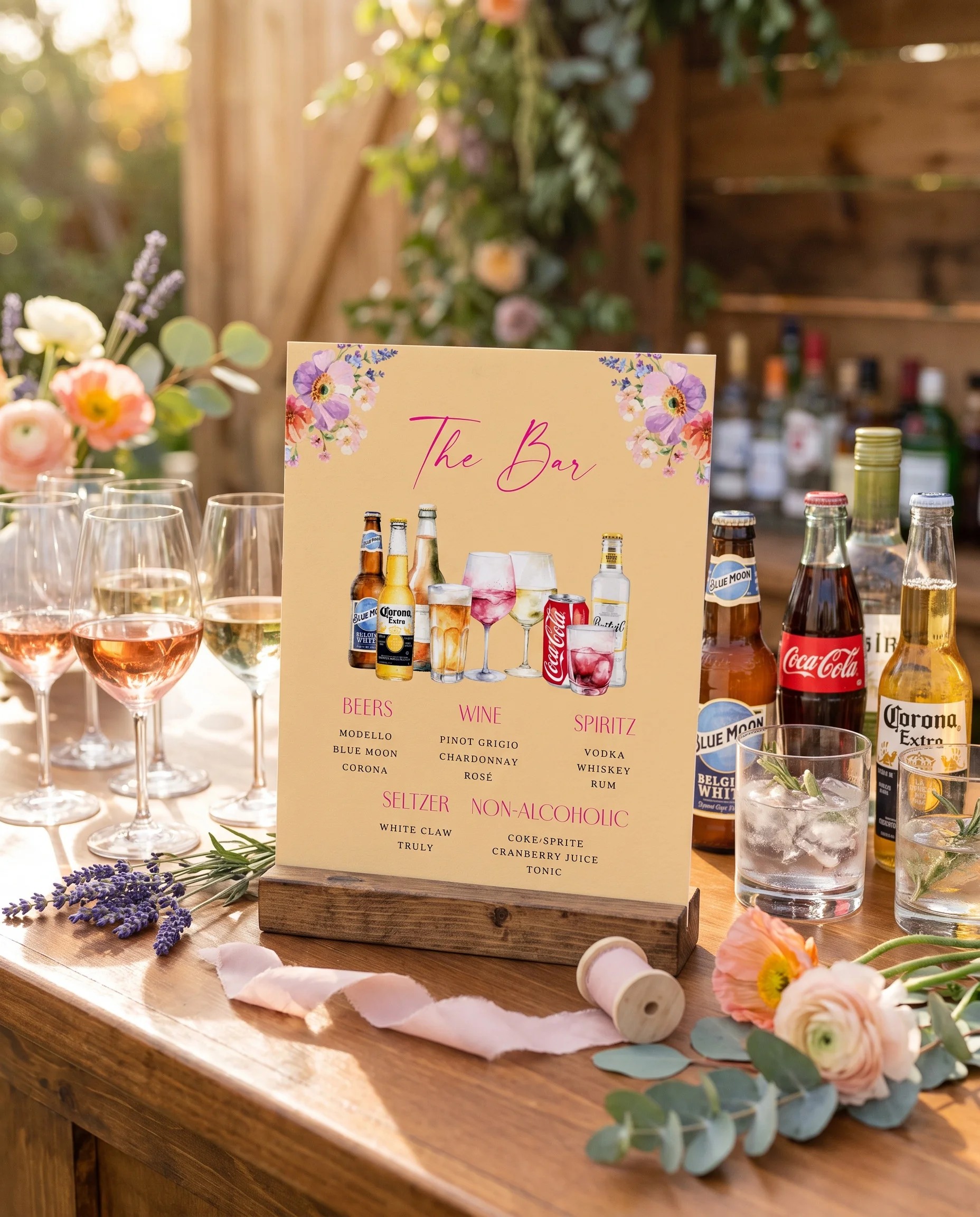 Wildmeadow Bouquet — bar menu page displayed on a drinks station under soft natural light, slight overhead angle, bar menu template.
