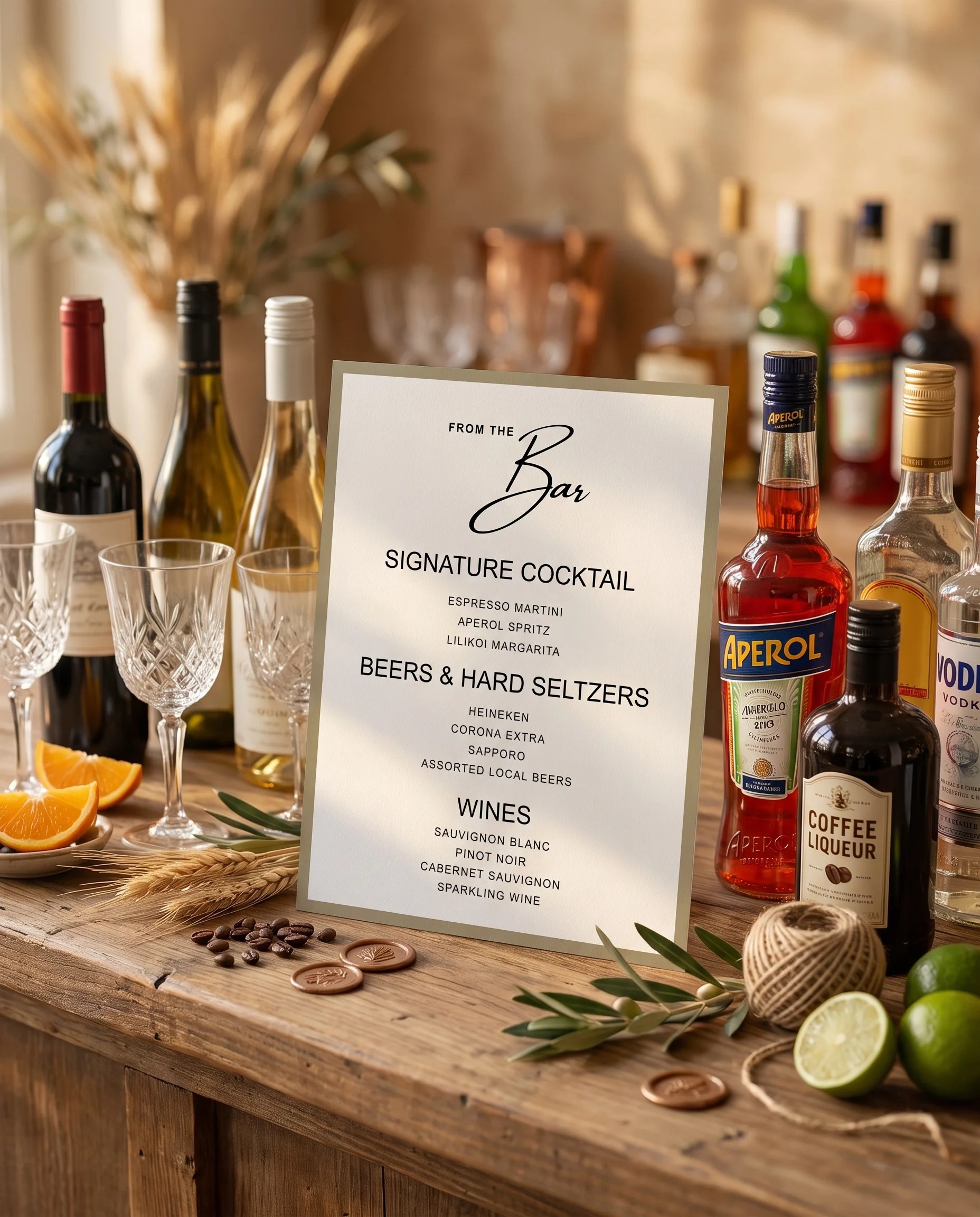 Golden Vale — bar menu page displayed on a drinks station under soft natural light, viewed from a slight overhead angle, bar menu template.
