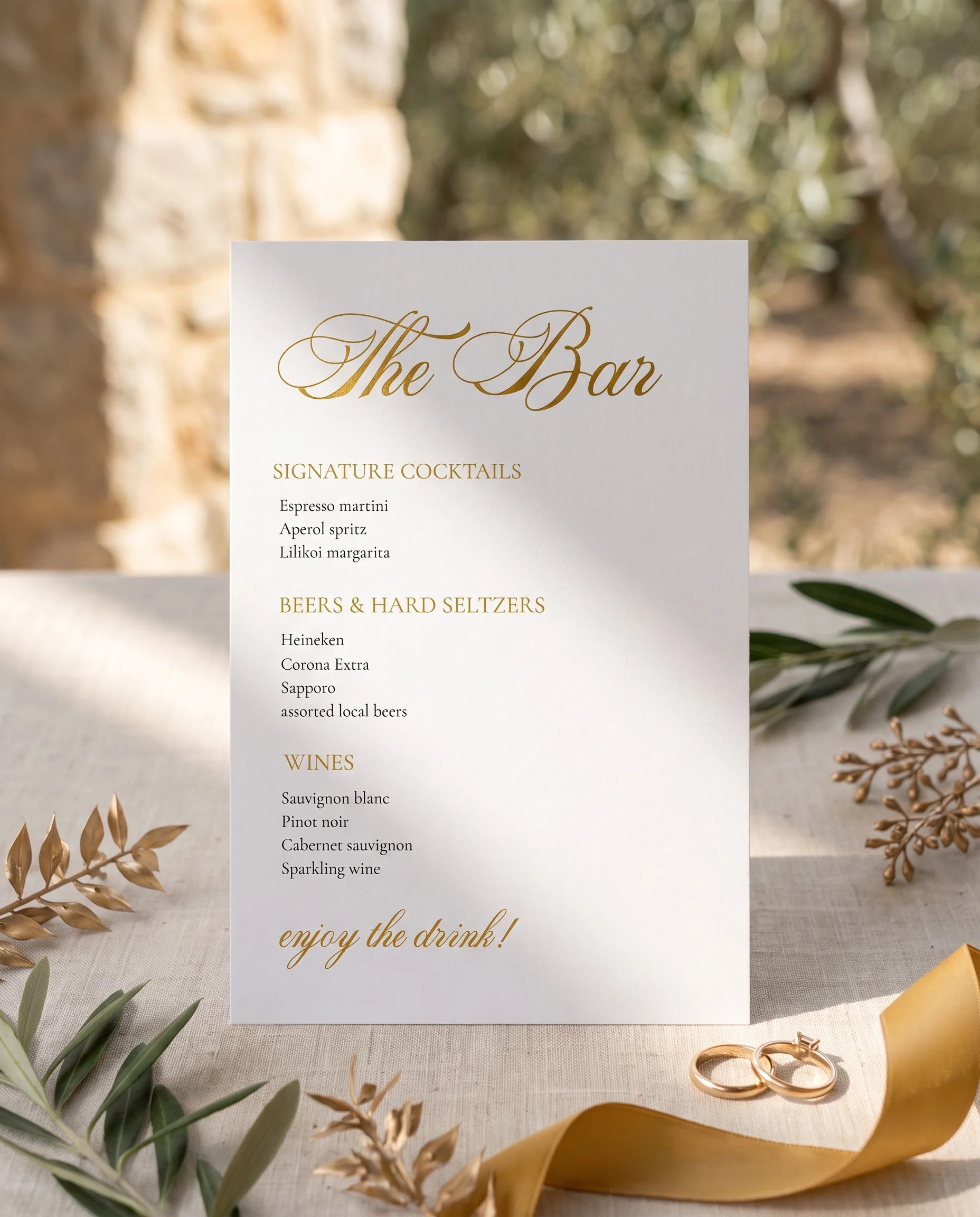 Gilded Arrow — bar menu displayed upright in a styled setting under soft natural light, wedding bar sign