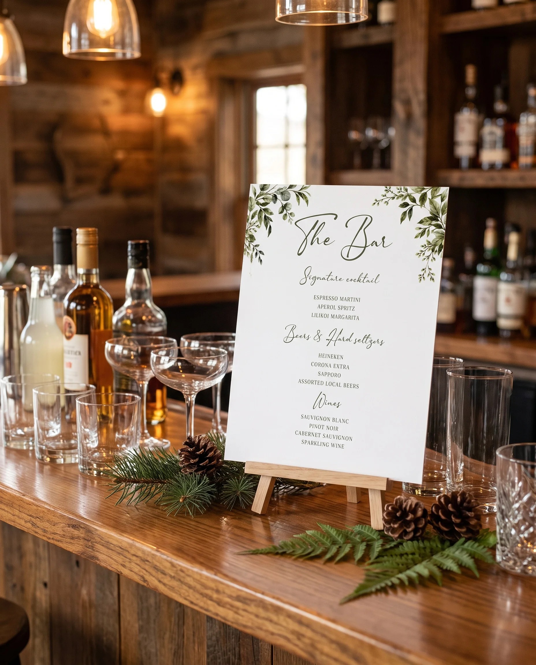 Canopy Grove — bar menu page displayed on a drinks station under soft natural light, slight overhead angle, bar menu template.