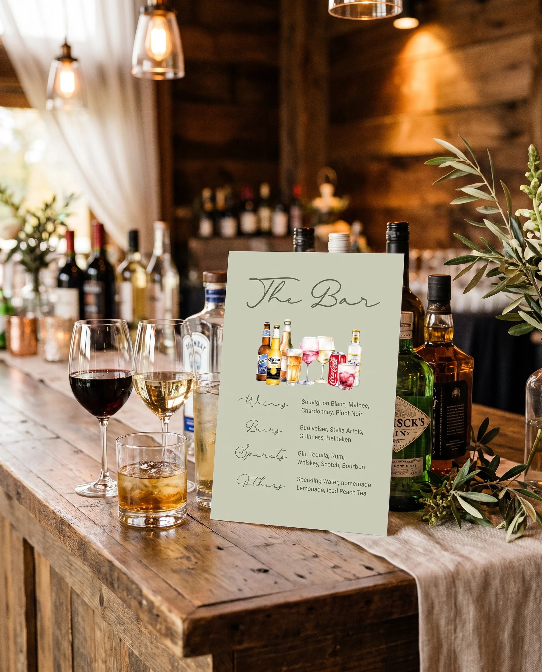Manor Etching — bar menu displayed on a drinks station under soft natural light with a slight overhead angle, bar menu template
