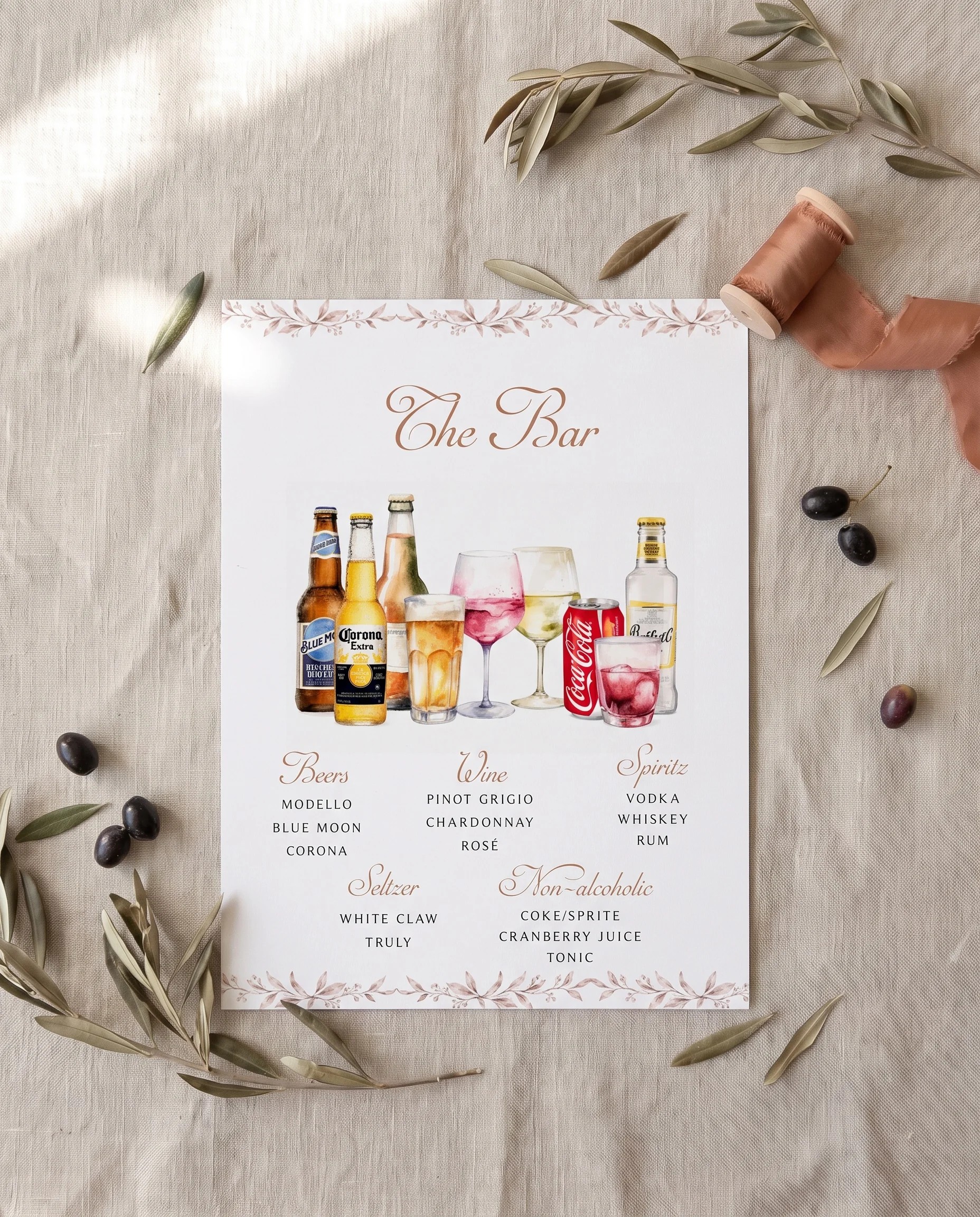 Sepia Sprig — single page bar menu shown flat under soft natural light at a slight overhead angle, wedding bar menu.