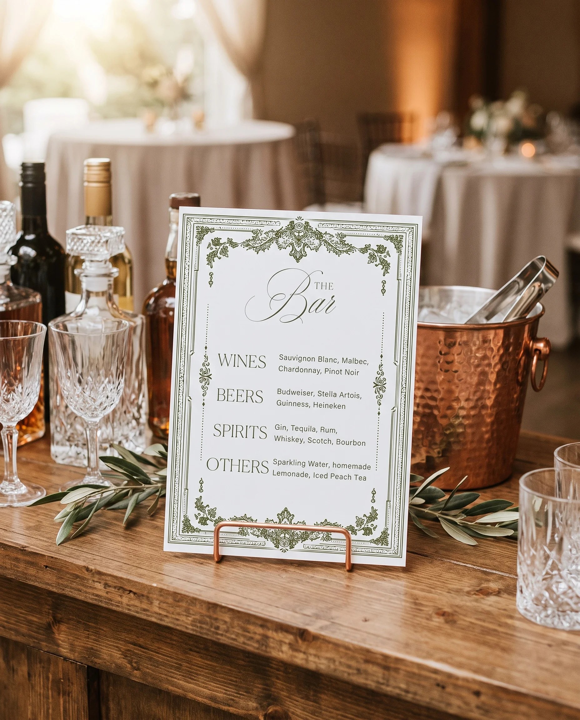 Verdant Filigree — bar menu page displayed on a drinks station under soft natural light, bar menu template.