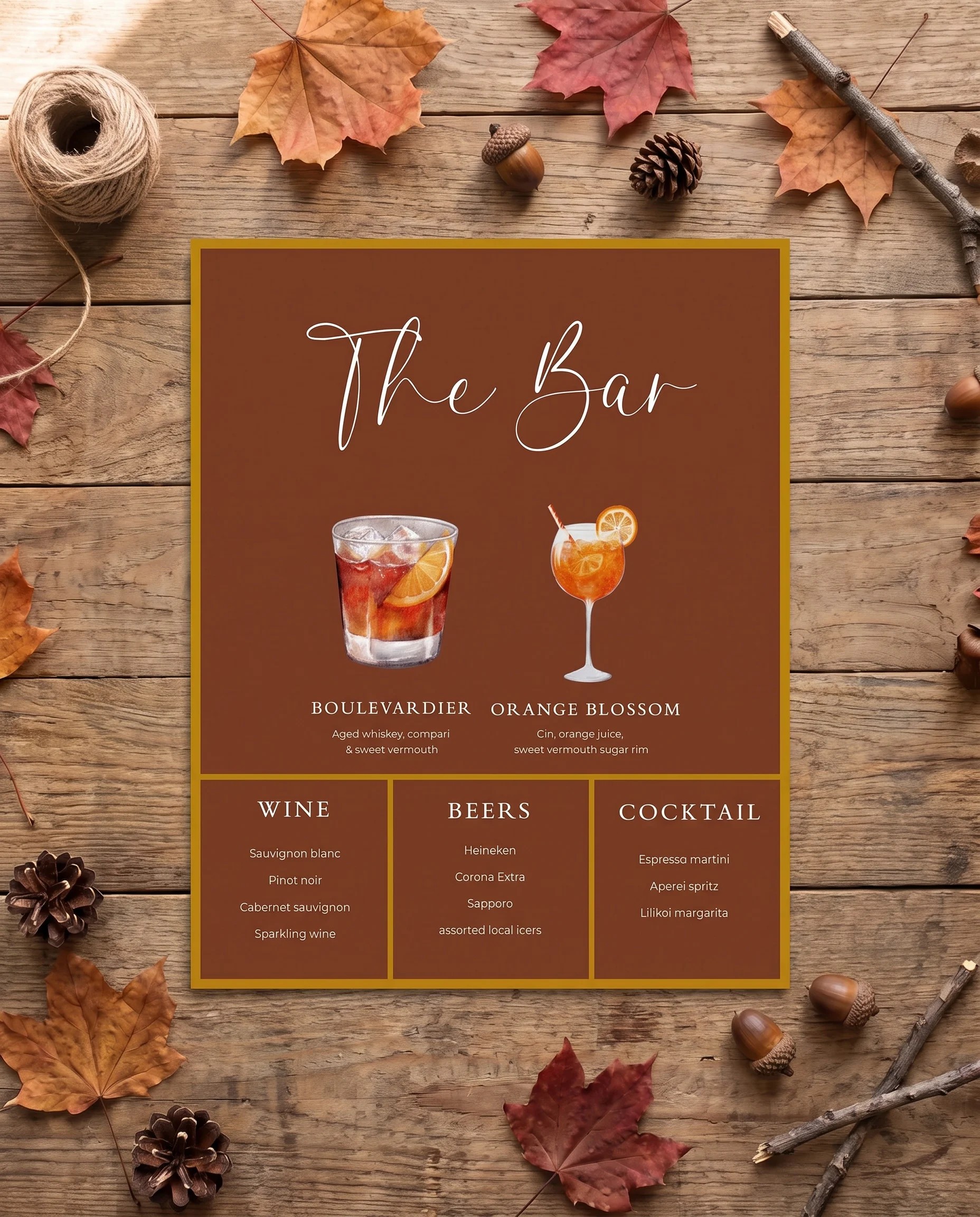 Timberline Reverie — single page shown flat under soft natural light with a slight overhead angle, wedding bar menu.