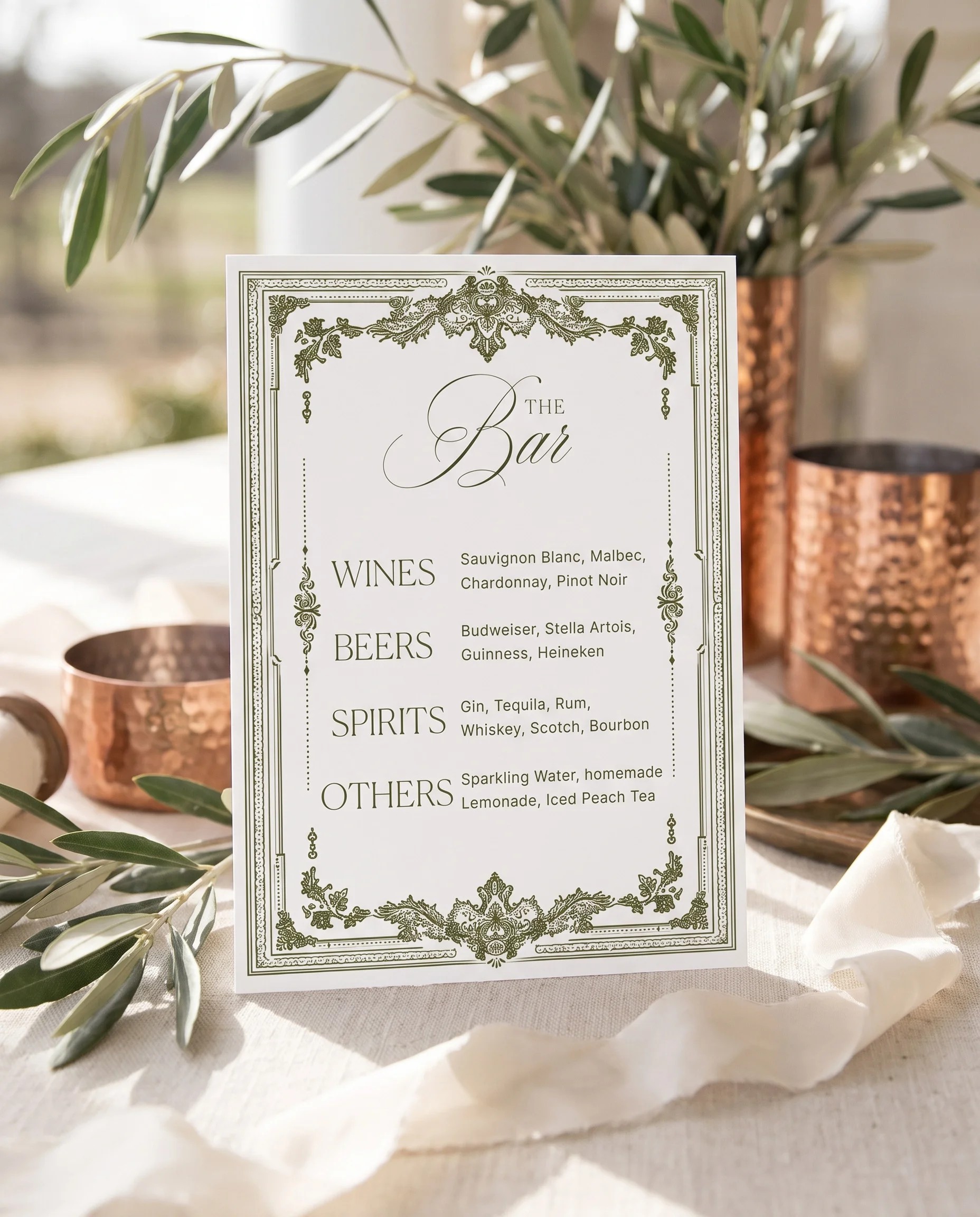 Verdant Filigree — bar menu displayed upright on premium editorial paper under soft natural light, slight overhead angle, wedding bar sign.