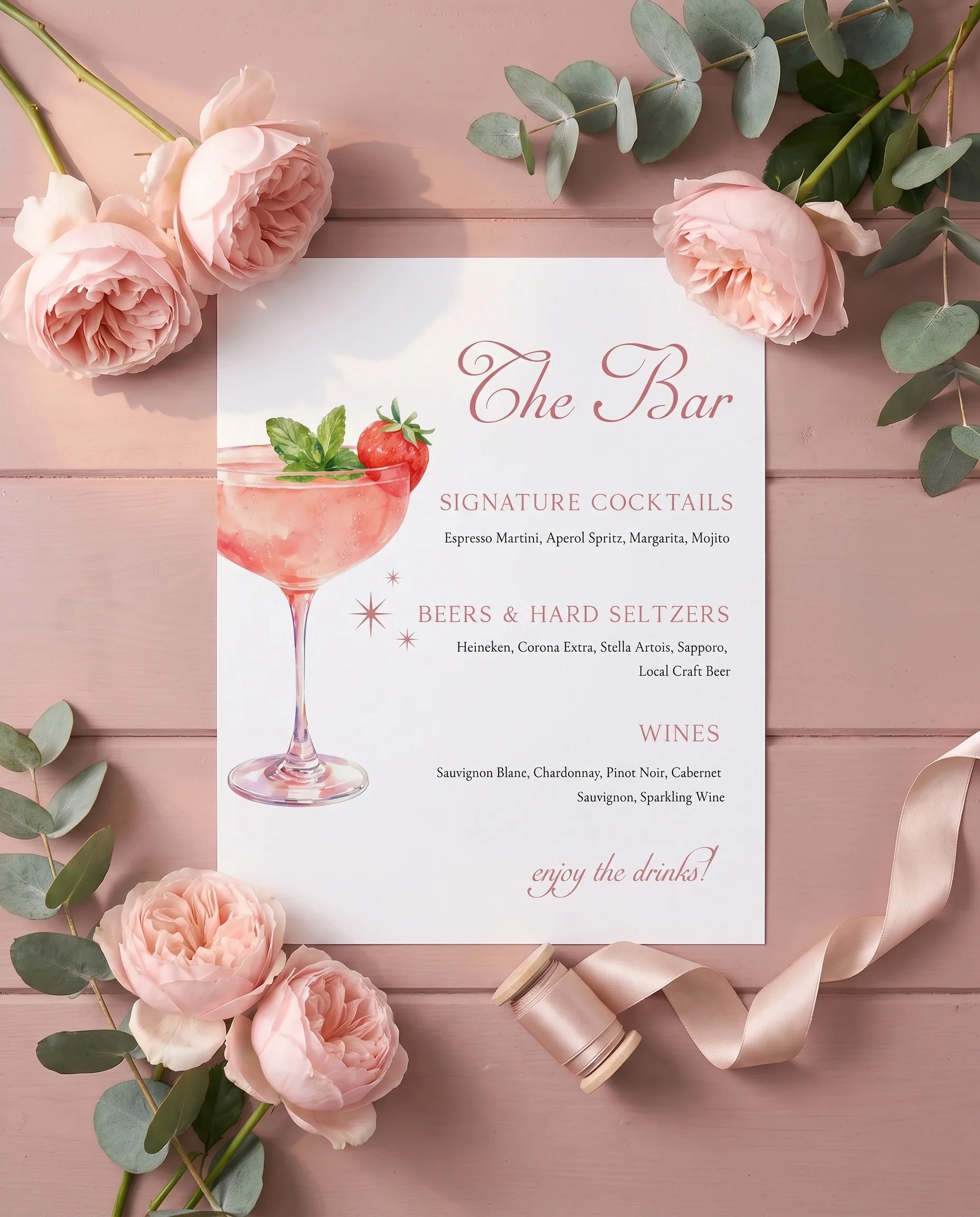 Rosewood Trellis — single page bar menu shown flat under soft natural light with a slight overhead angle, wedding bar menu.