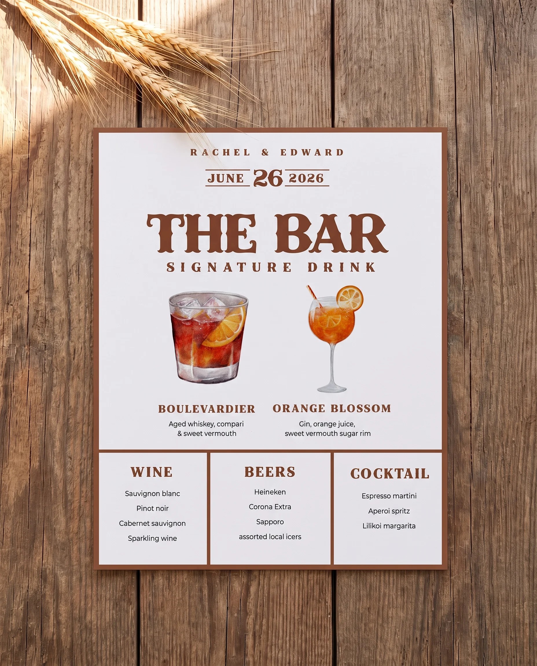 Saddle Crest — full bar menu shown flat on premium editorial paper under soft natural light, slight overhead angle, wedding bar menu.