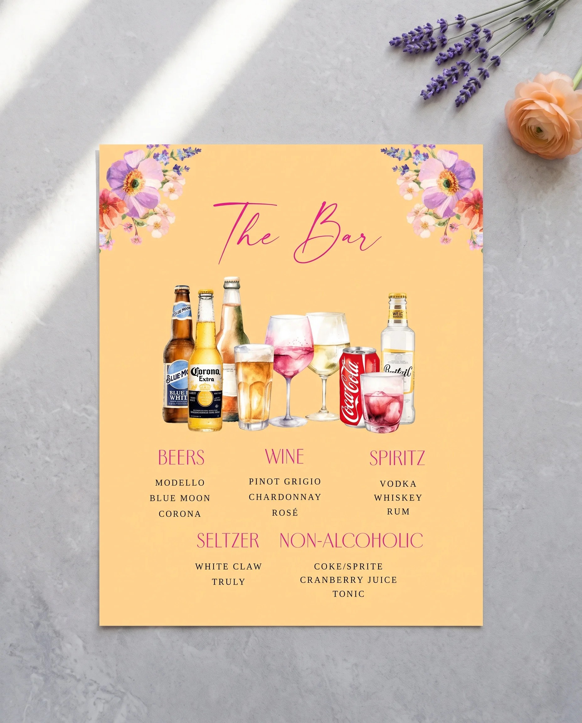 Wildmeadow Bouquet — flat lay of the bar menu on premium editorial paper under soft natural light, wedding bar menu.