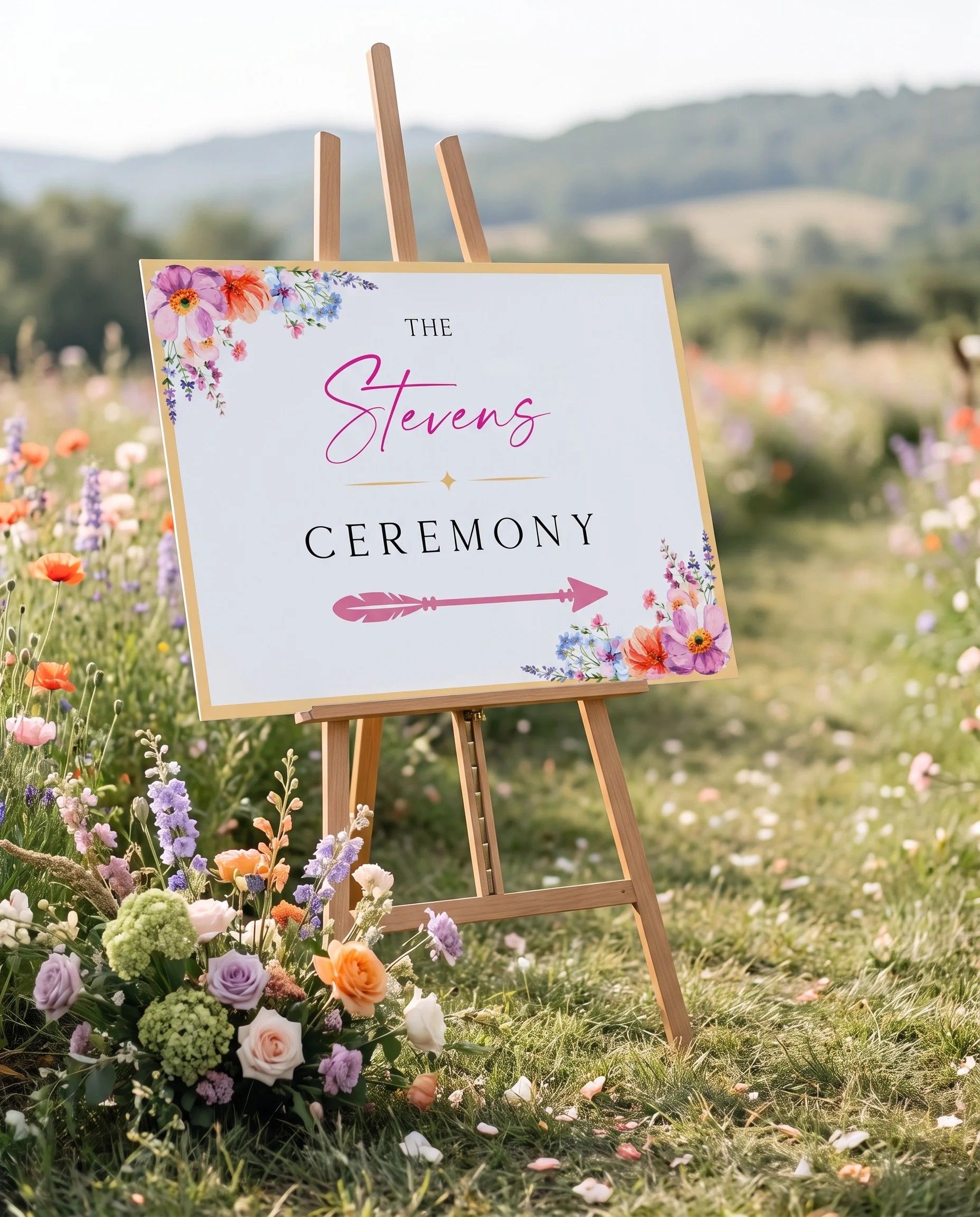 Wildmeadow Bouquet wedding ceremony sign — displayed at a wedding ceremony setting on premium editorial paper under soft natural light, unplugged ceremony sign
