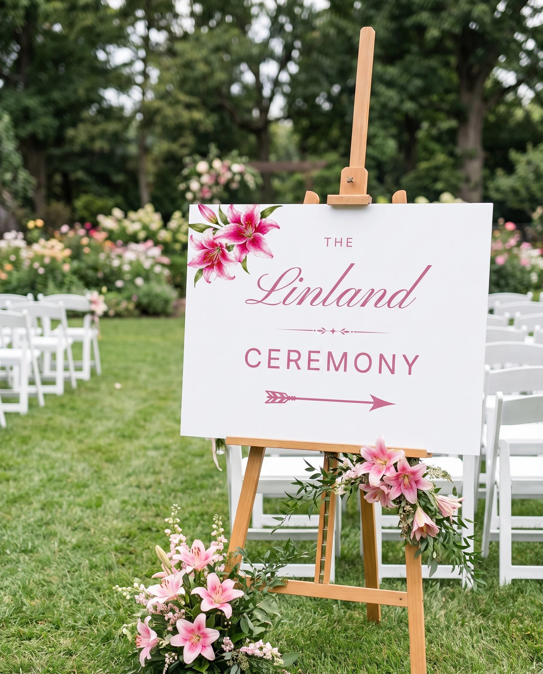 Lily Bloom wedding ceremony sign — displayed at a wedding ceremony setting under soft natural light, unplugged ceremony sign.