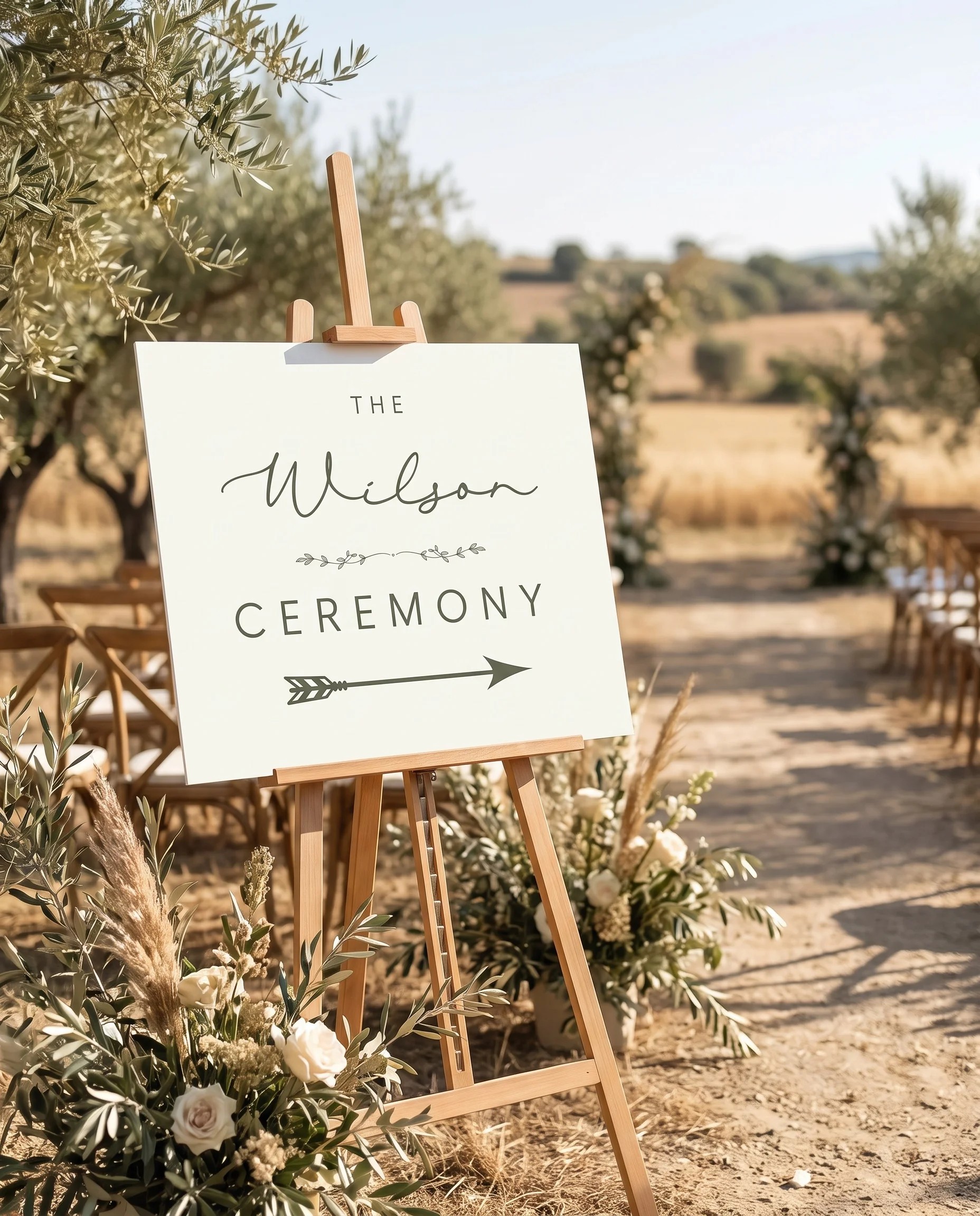 Manor Etching wedding ceremony sign — displayed at a ceremony setting under soft natural light, slight overhead angle, unplugged ceremony sign