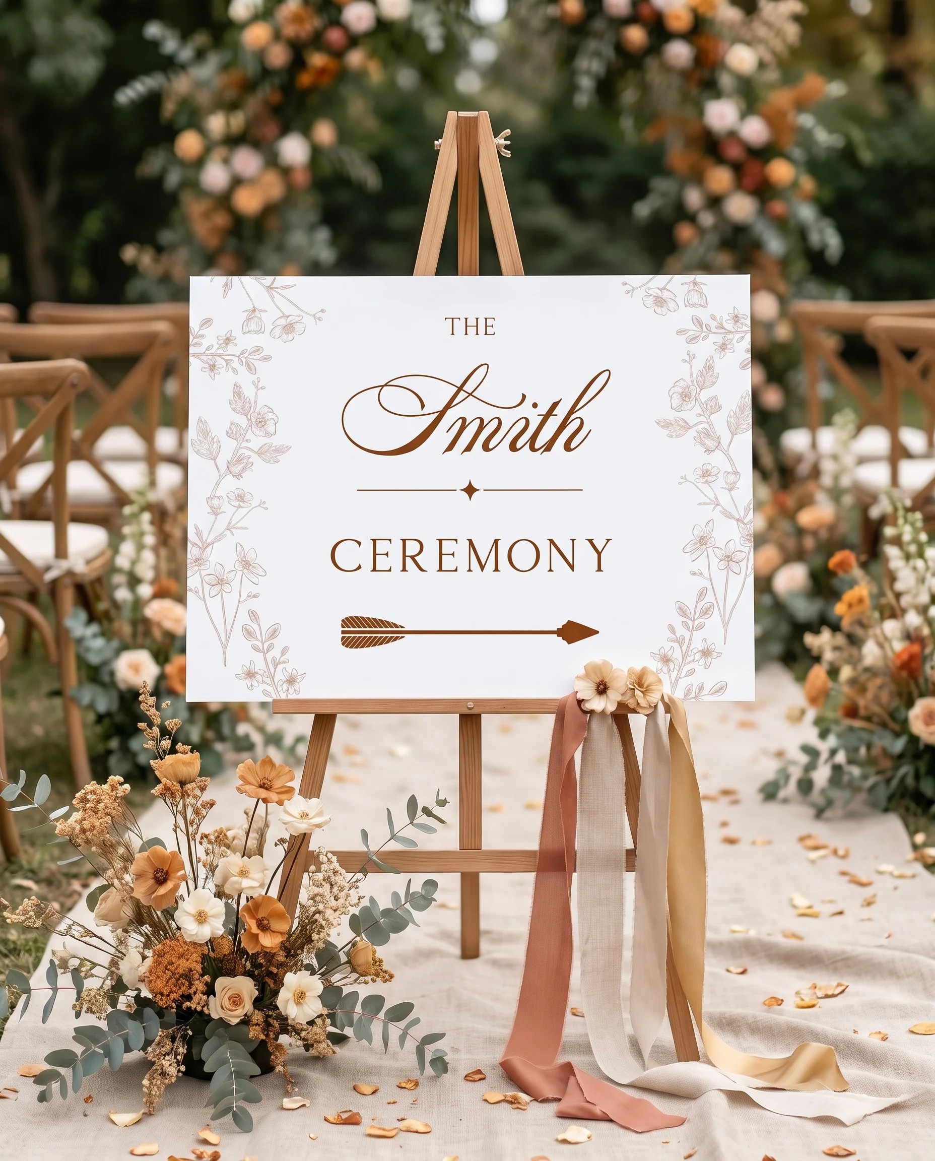 Petalcrest wedding ceremony sign — shown at a ceremony setting in soft natural light with a slight overhead angle, unplugged ceremony sign.