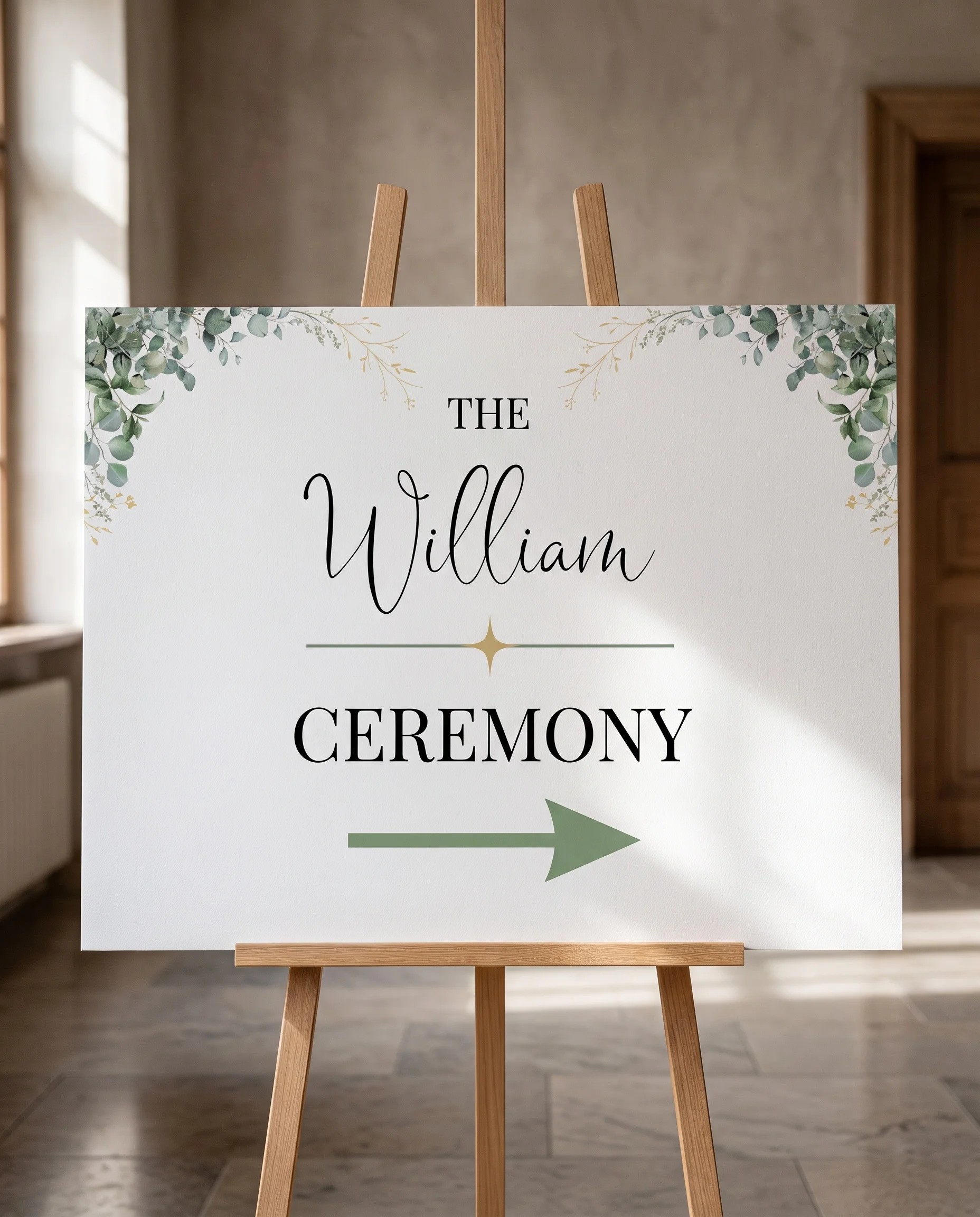 Eucalyptus Gold wedding ceremony sign — displayed on an easel under soft natural light with a slight overhead angle, wedding ceremony signs