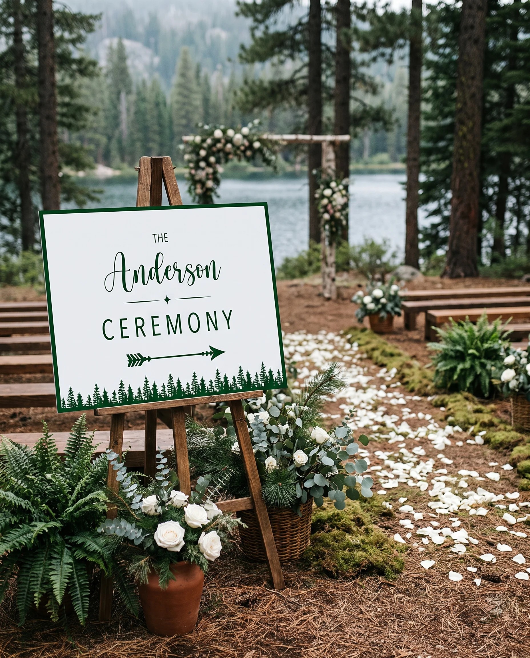Evergreen Star wedding ceremony sign — displayed at a ceremony setting under soft natural light, unplugged ceremony sign