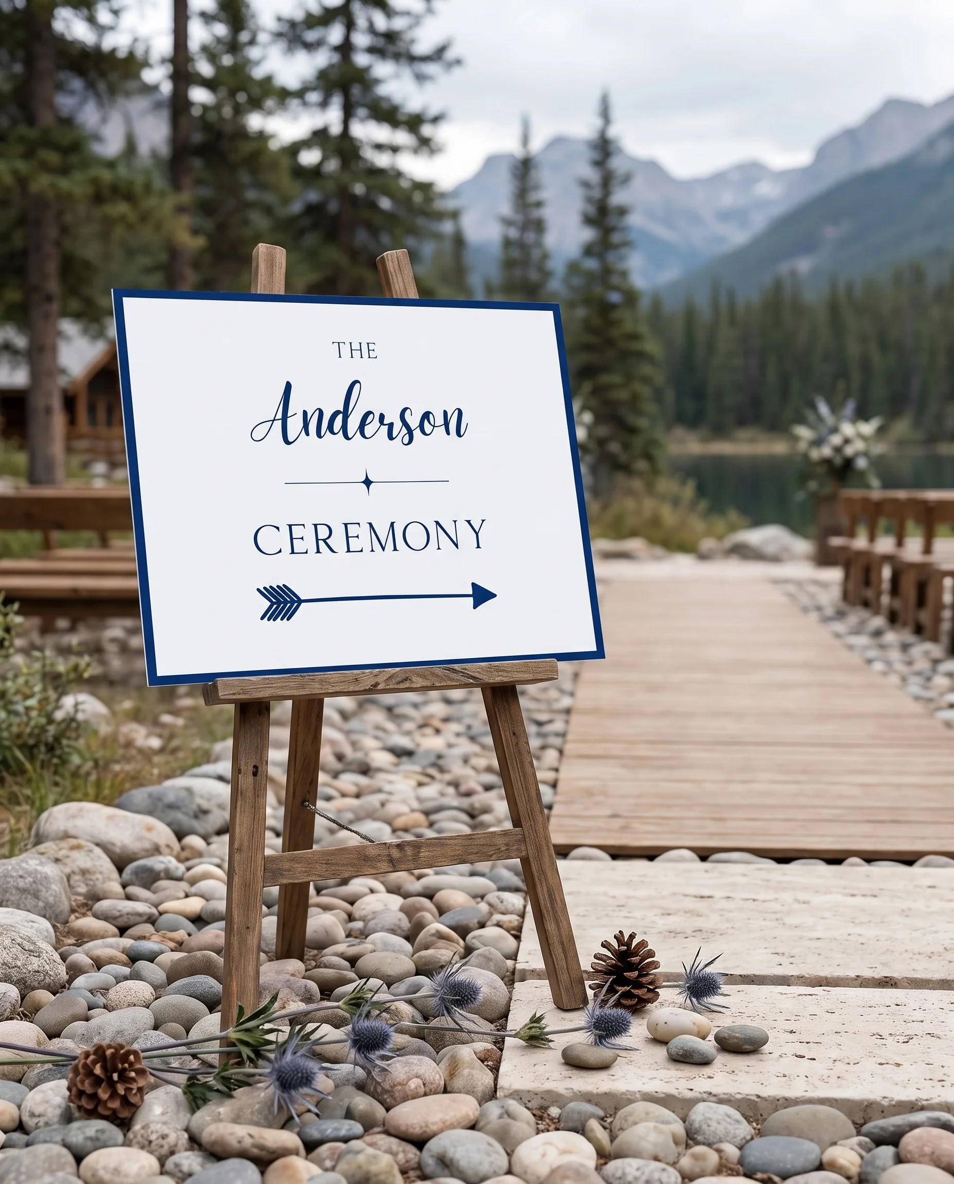 Blue Range wedding ceremony sign — shown at a wedding ceremony setting in soft natural light with a slight overhead angle, unplugged ceremony sign.